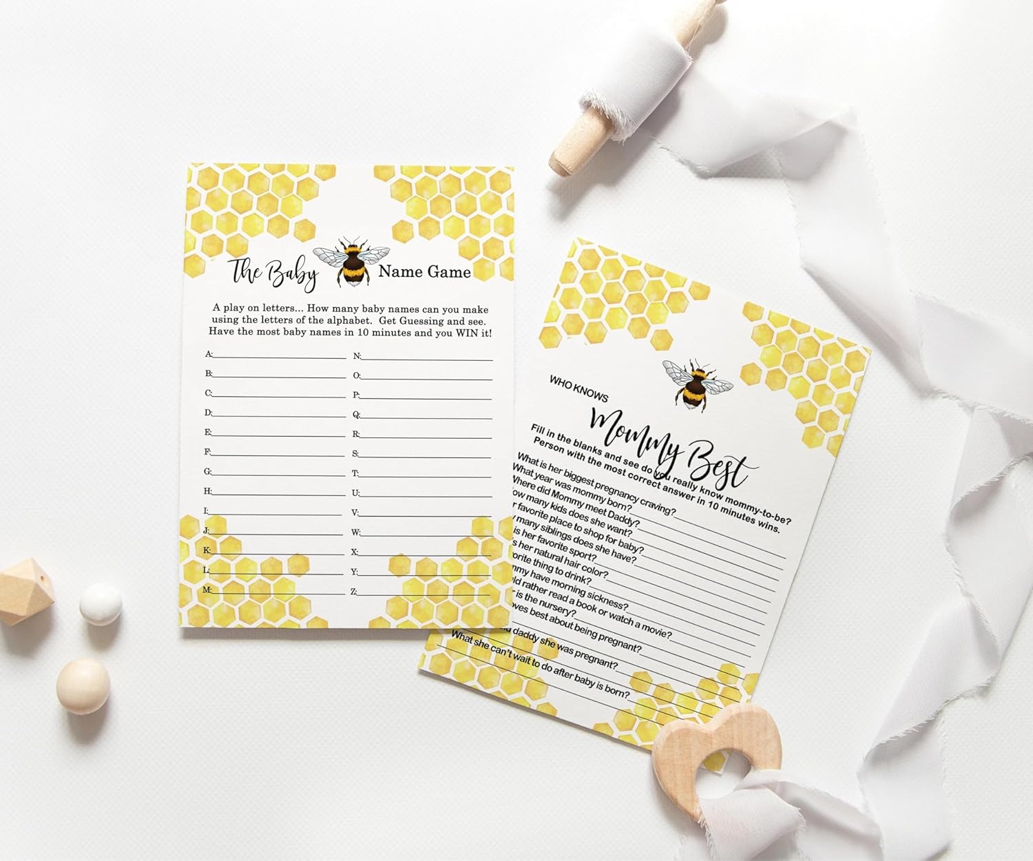 Bumblebee – Juego de baby shower para 25 invitados, juego de 4 juegos de doble cara que conoce a mamá, Word Scramble, juego de nombre de bebé,
