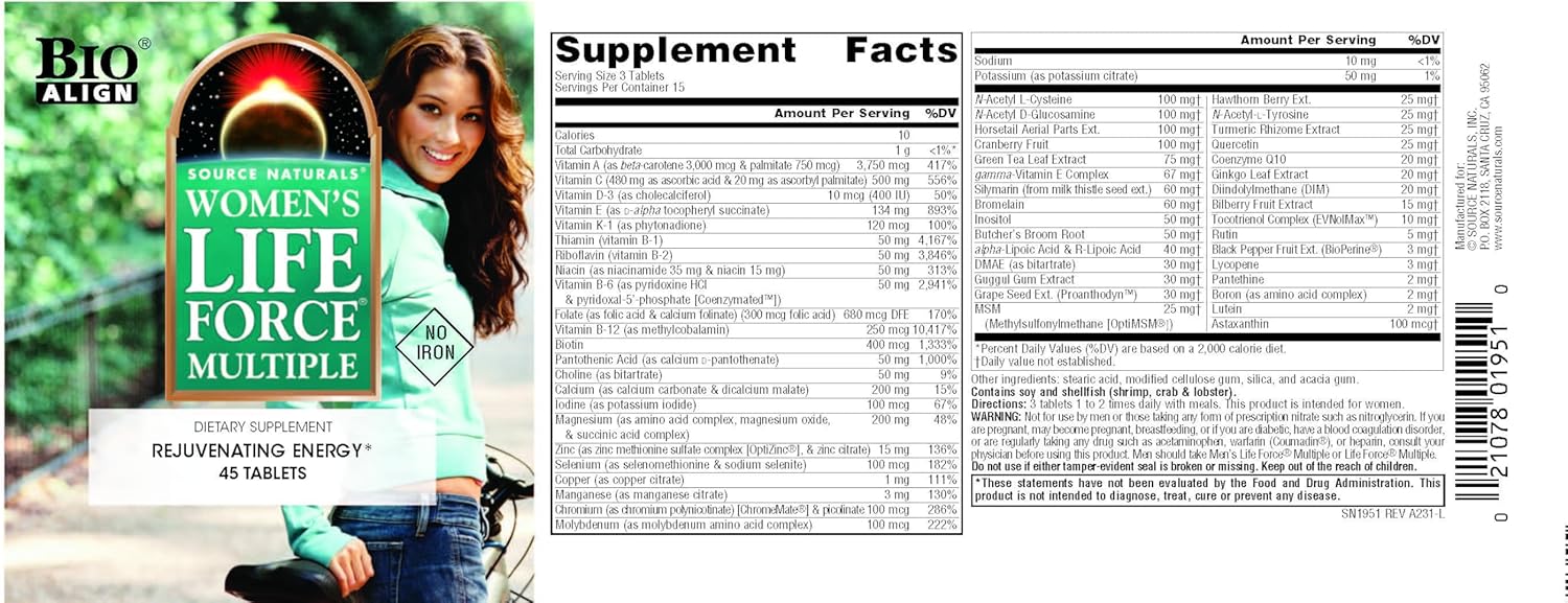 Source Naturals Women’s Life Force – Multivitamínico completo diario con 13 vitaminas esenciales, antioxidantes, hierbas, nutrientes y minerales,