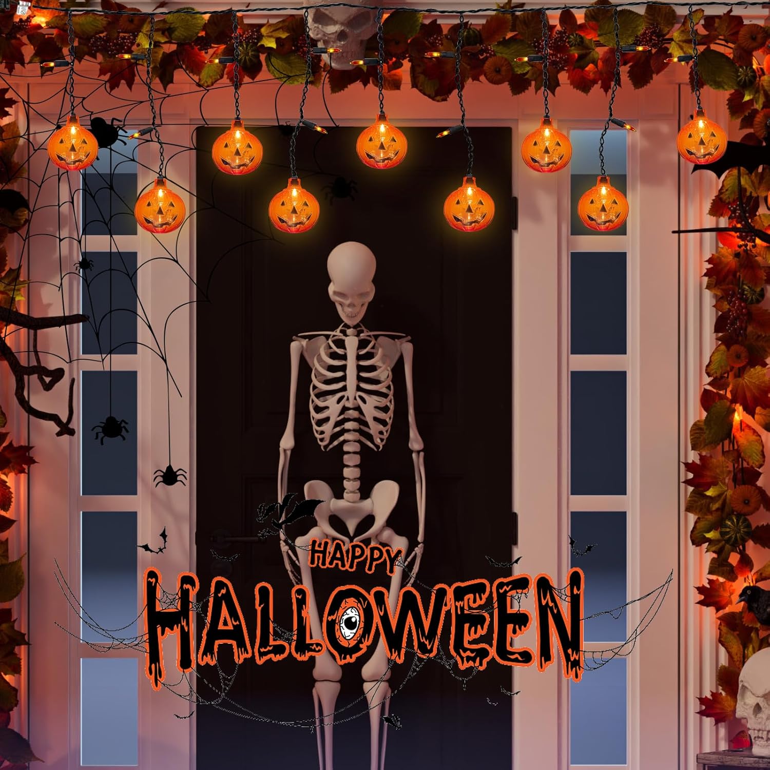 Konictom Cadena de luces de cortina de calabaza, tira de luces de calabaza de 7 pies enchufable con 10 mini calabazas y 25 mini bombillas,