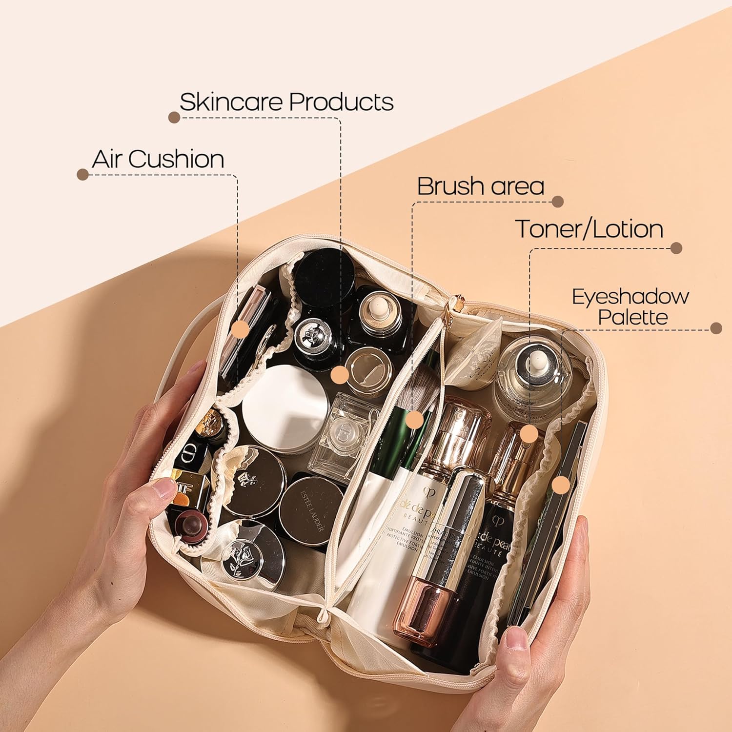 Bolsa de maquillaje de gran capacidad, bolsa de cosméticos de viaje para mujer, bolsa de maquillaje grande impermeable, bolsa de cosméticos de cuero