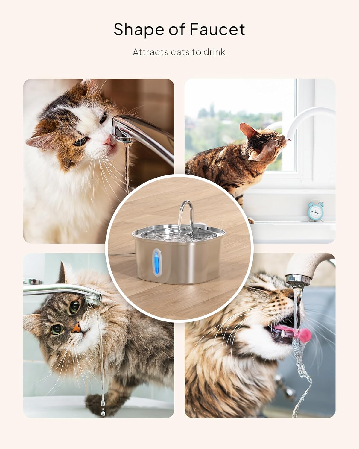 PEKTACO Fuente de agua para gatos  Fuente de agua para mascotas de acero inoxidable de 3.2L108 onzas para gatos en interiores, fuente de agua para