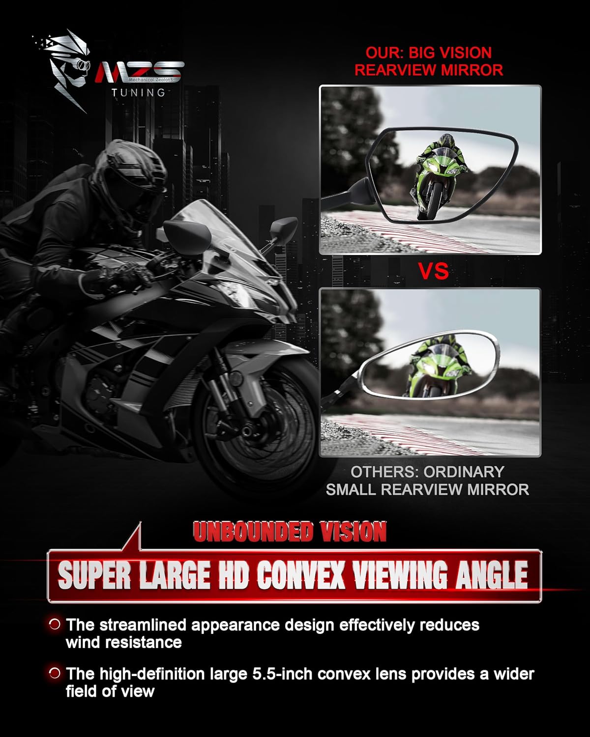 MZS Espejos de motocicleta de carreras, carenado retrovisor lateral ajustable negro compatible con YZF R1 R1M R6 R6S CBR600 F4 F4I CBR250R CBR300R