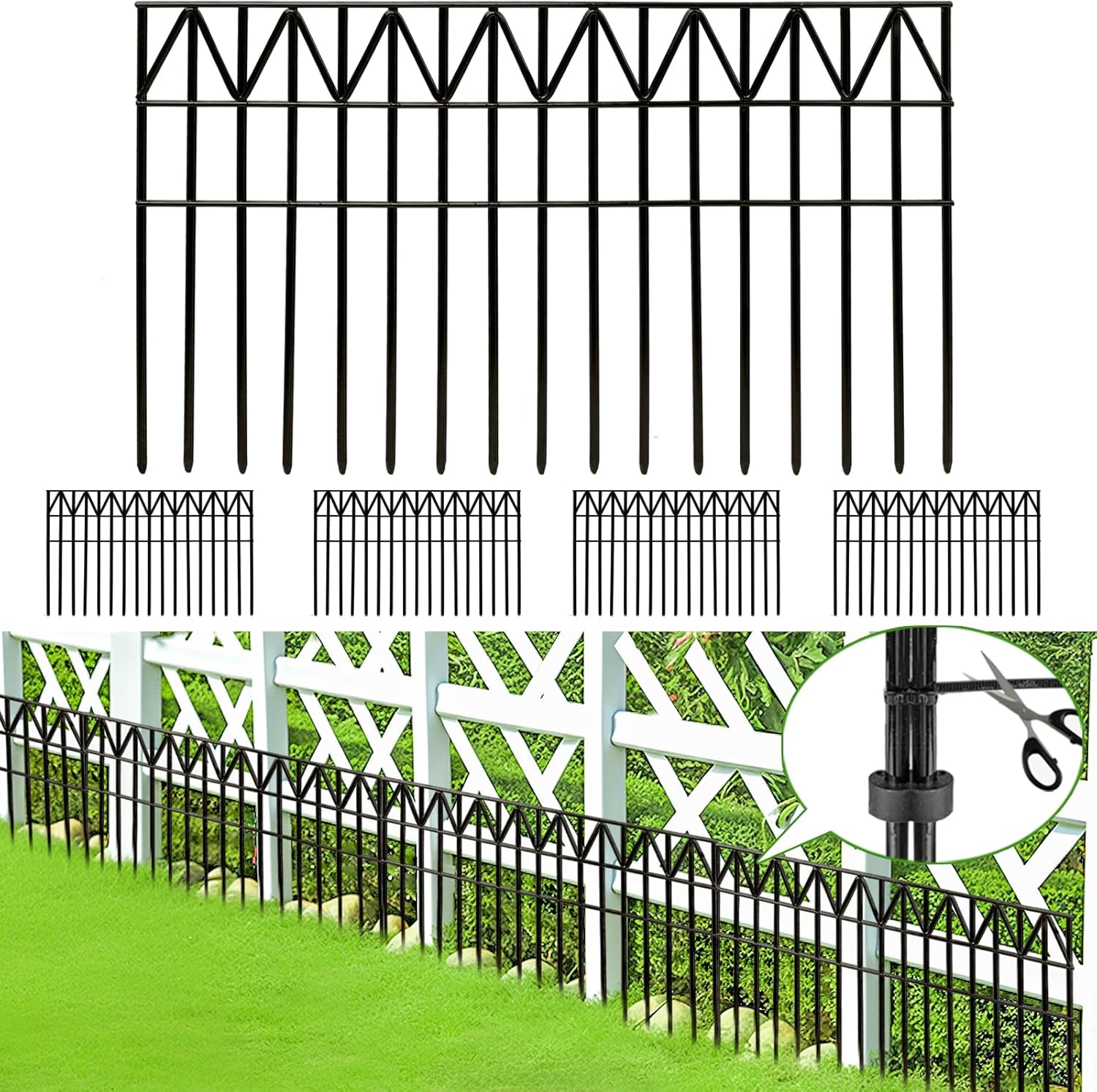 Valla de barrera de animales sin excavación, 5 unidades de valla de jardín de metal inoxidable negro para exteriores, valla de jardín decorativa