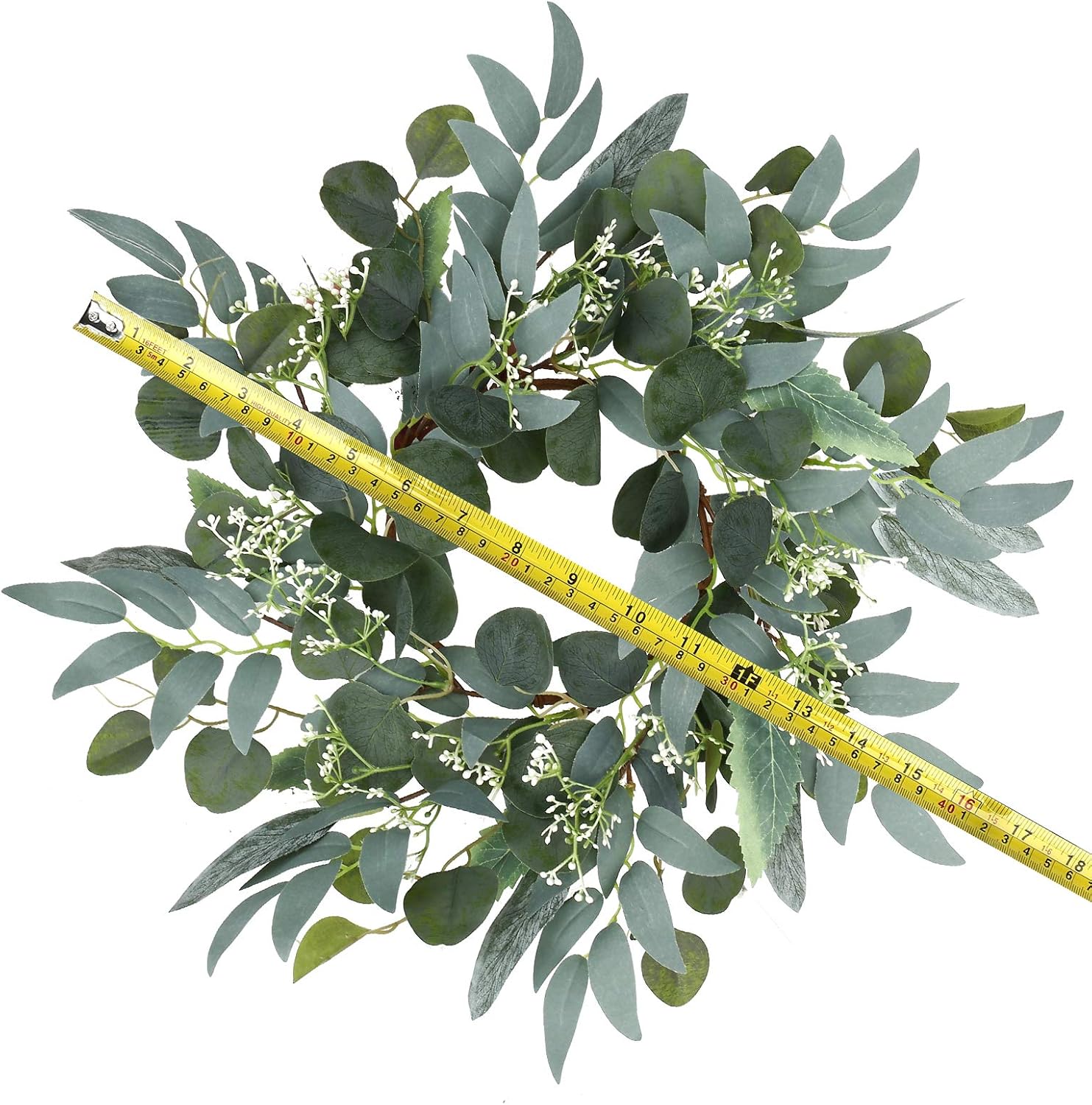 Corona de eucalipto verde artificial, corona verde de 15 pulgadas con racimos de flores blancas, mini corona de primaveraverano para decoración de