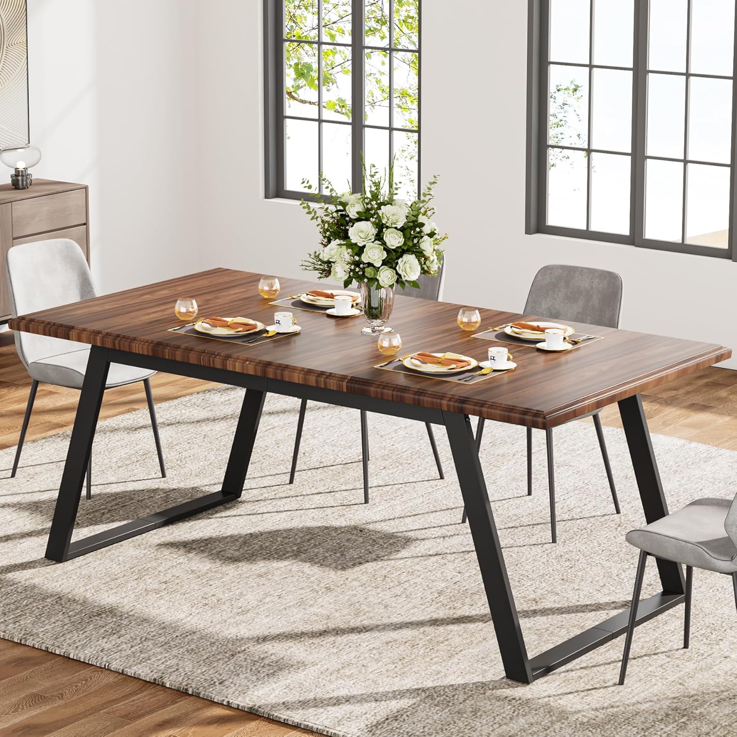 Tribesigns Mesa de comedor para 6 personas, mesa de cocina grande de madera de 63 pulgadas, mesa de comedor rectangular con patas de metal para