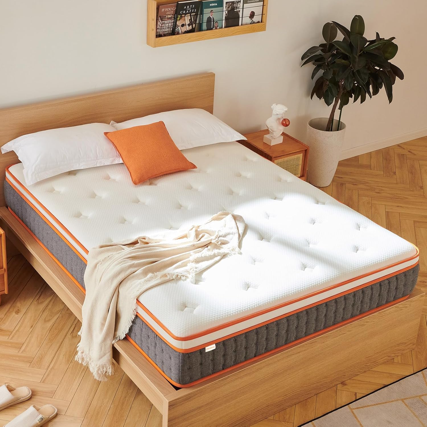 IYEE NATURE Colchón firme tamaño King, colchón híbrido de 12 pulgadas, resortes individuales en bolsillo, cama King dura en una caja, naranja