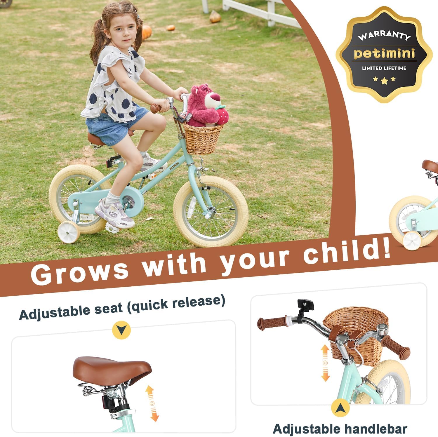 Petimini Bicicleta para niñas con cesta para niños de 2 a 12 años, bicicleta de 12, 14, 16, 18 y 20 pulgadas, con ruedas de entrenamiento de