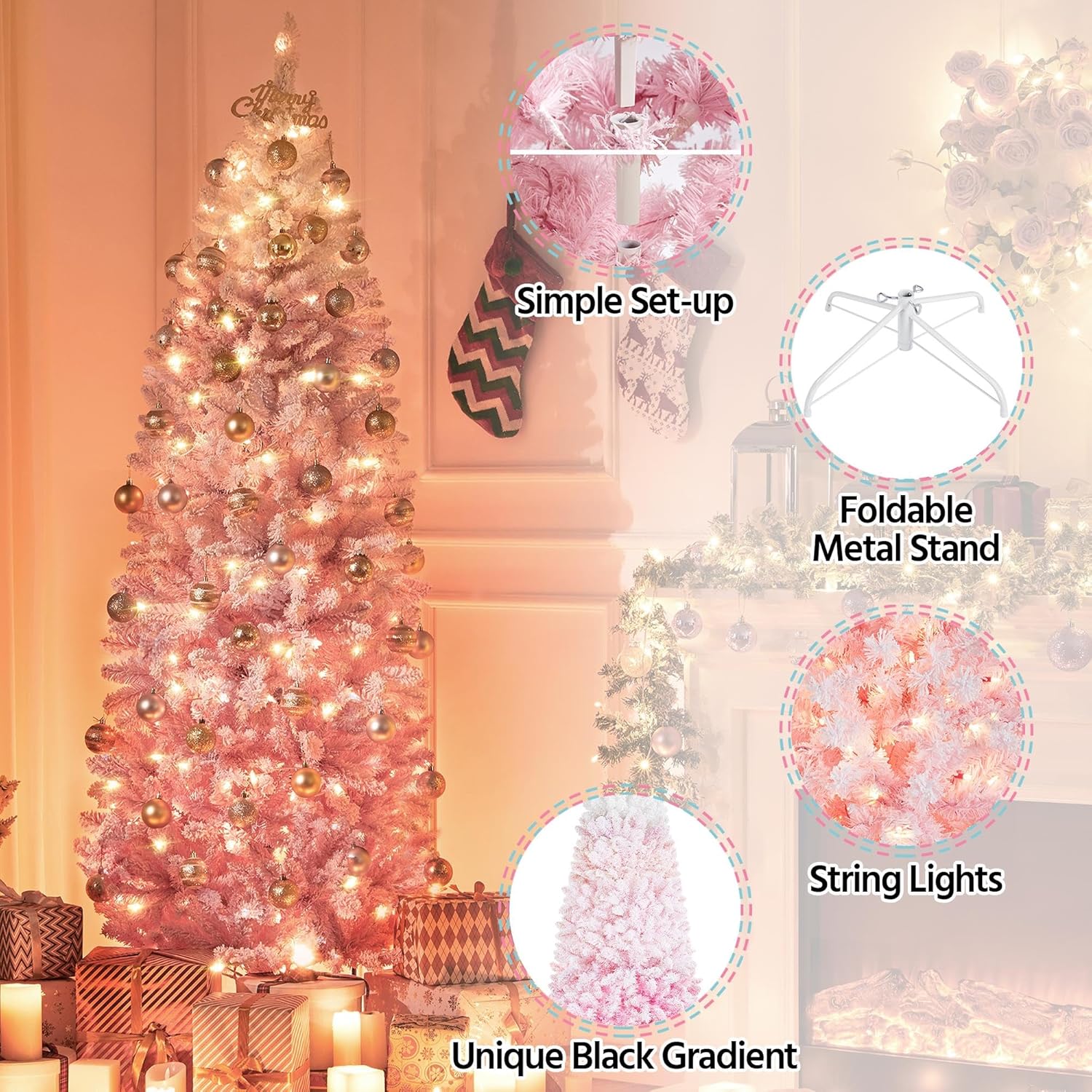 Yaheetech Árbol de Navidad preiluminado de 6 pies con bisagras, esquina delgada, árbol de Navidad, decoración navideña con 250 luces blancas cálidas