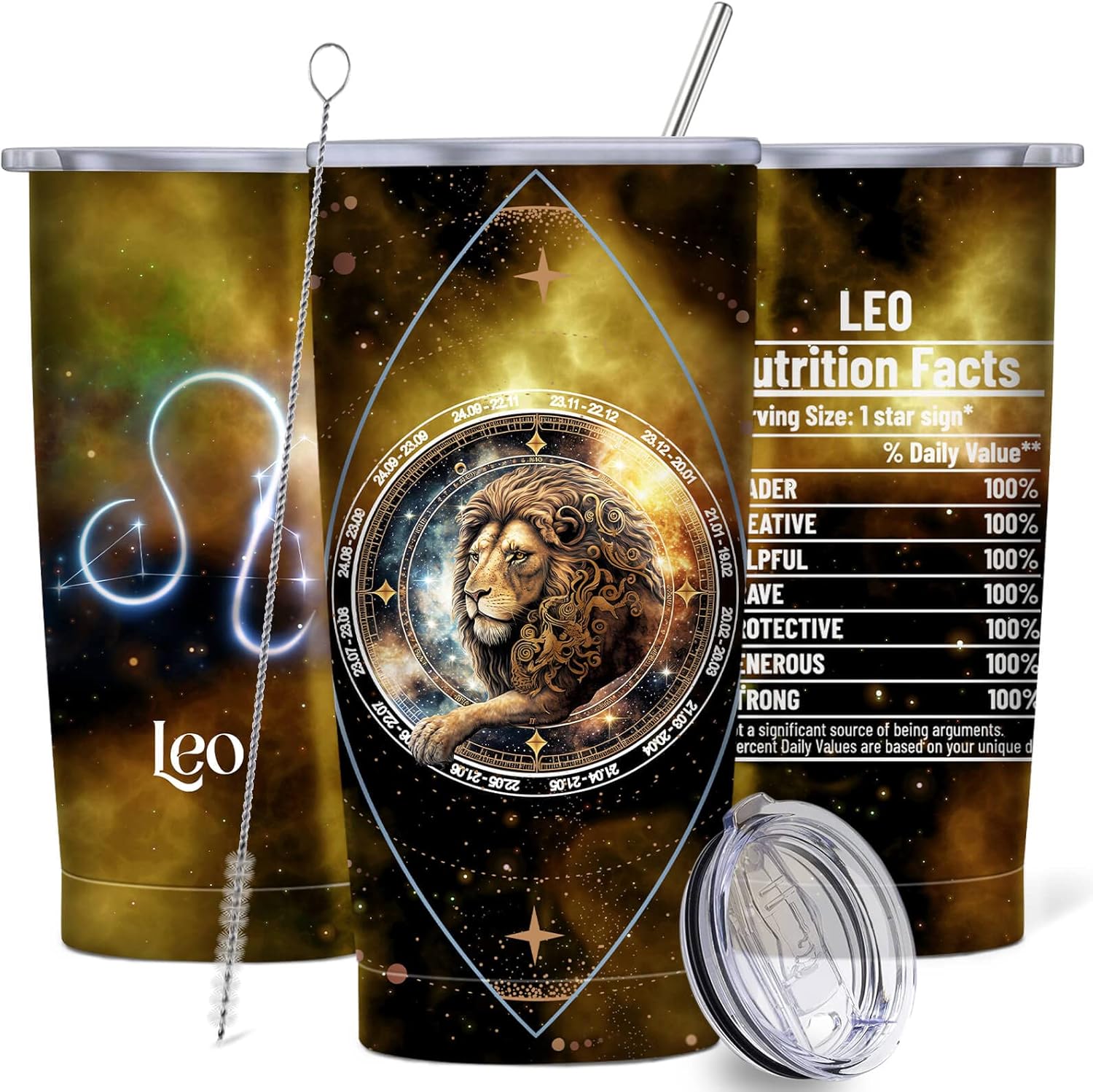 Leo – Vaso de 20 onzas con popote y tapa, doble pared aislada al vacío, vaso impreso del zodiaco, taza de café, vino, agua, té, regalo para mujeres,