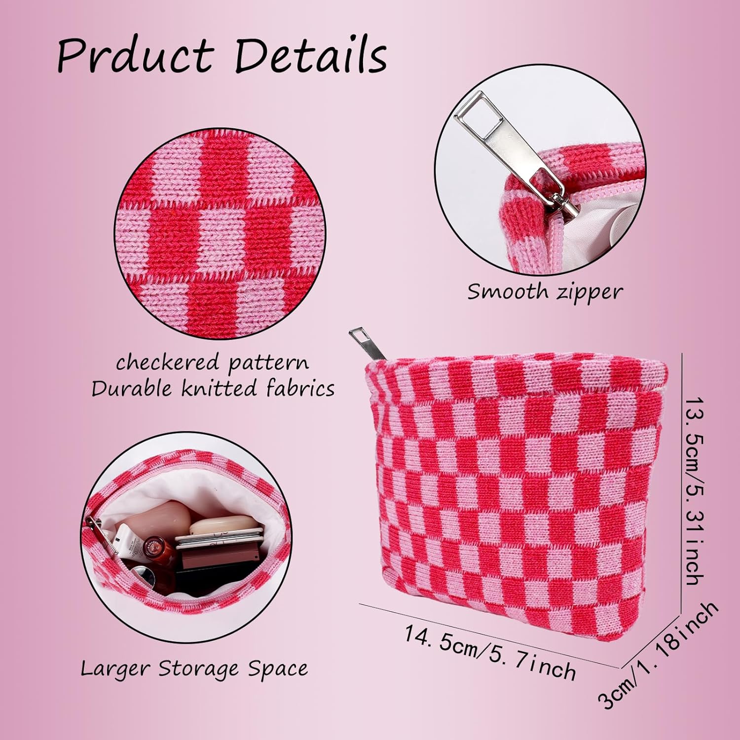 2 mini bolsas de maquillaje para monedero, bolsa de cosméticos a cuadros, pequeña bolsa con cremallera, bolsa de maquillaje de viaje portátil para