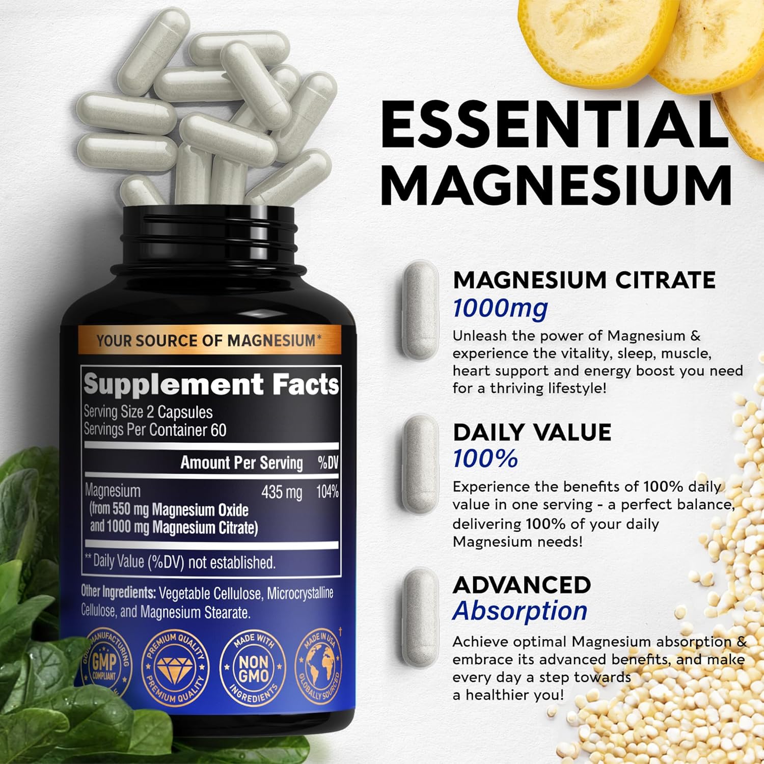 Cápsulas de citrato de magnesio de 1000 mg  100% DV  Suplemento de alta absorción – Soporte para dormir, músculos y corazón – Vegano  Sin OMG –