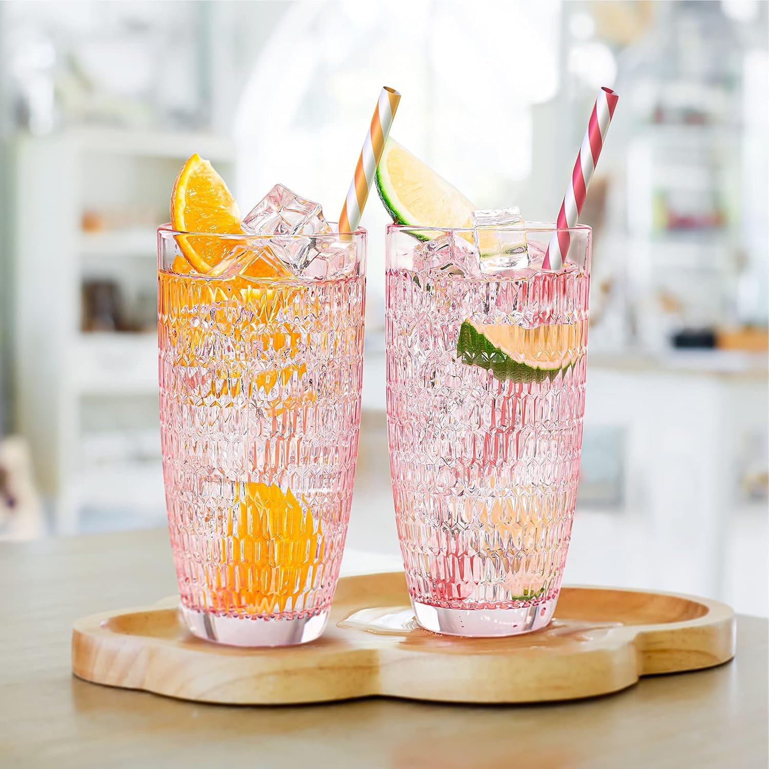 CREATIVELAND Highball – Juego de 6 vasos de bebida románticos de color rosa, base gruesa y pesada, gran capacidad, 14.87 onzas, vasos de vidrio para
