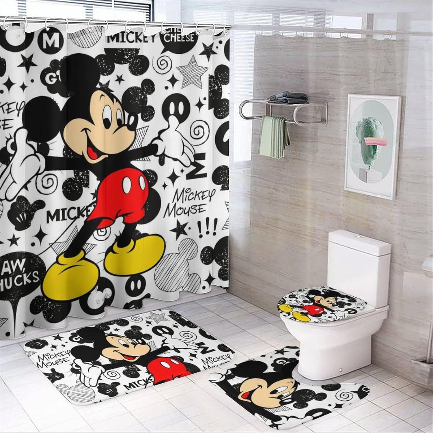Juego de 4 cortinas de ducha de dibujos animados lindos con alfombras antideslizantes, cubierta para tapa de inodoro y tapete de baño, juego de baño