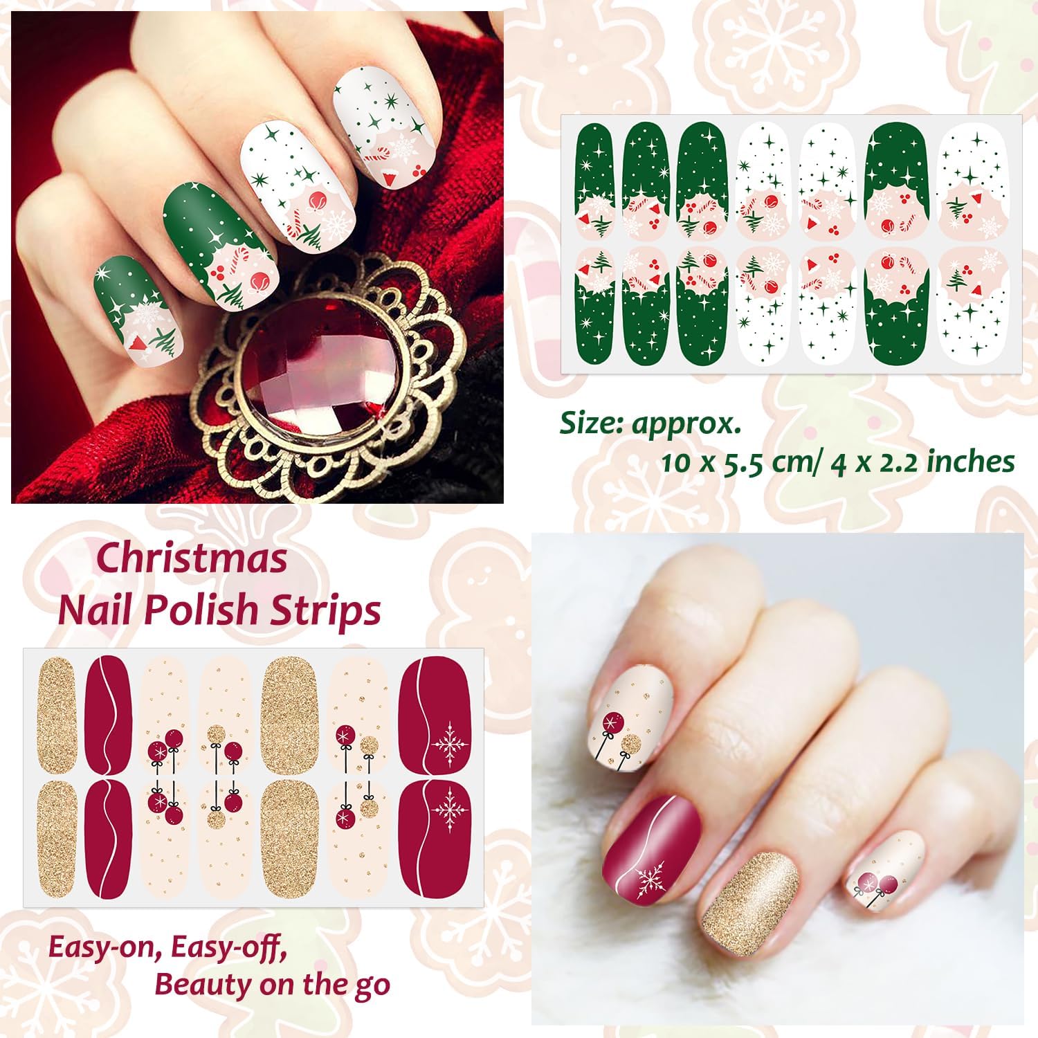 16 hojas de tiras de esmalte de uñas de Navidad, autoadhesivas, luces de árbol de Navidad, copo de nieve, muñeco de nieve, calcomanías de uñas de