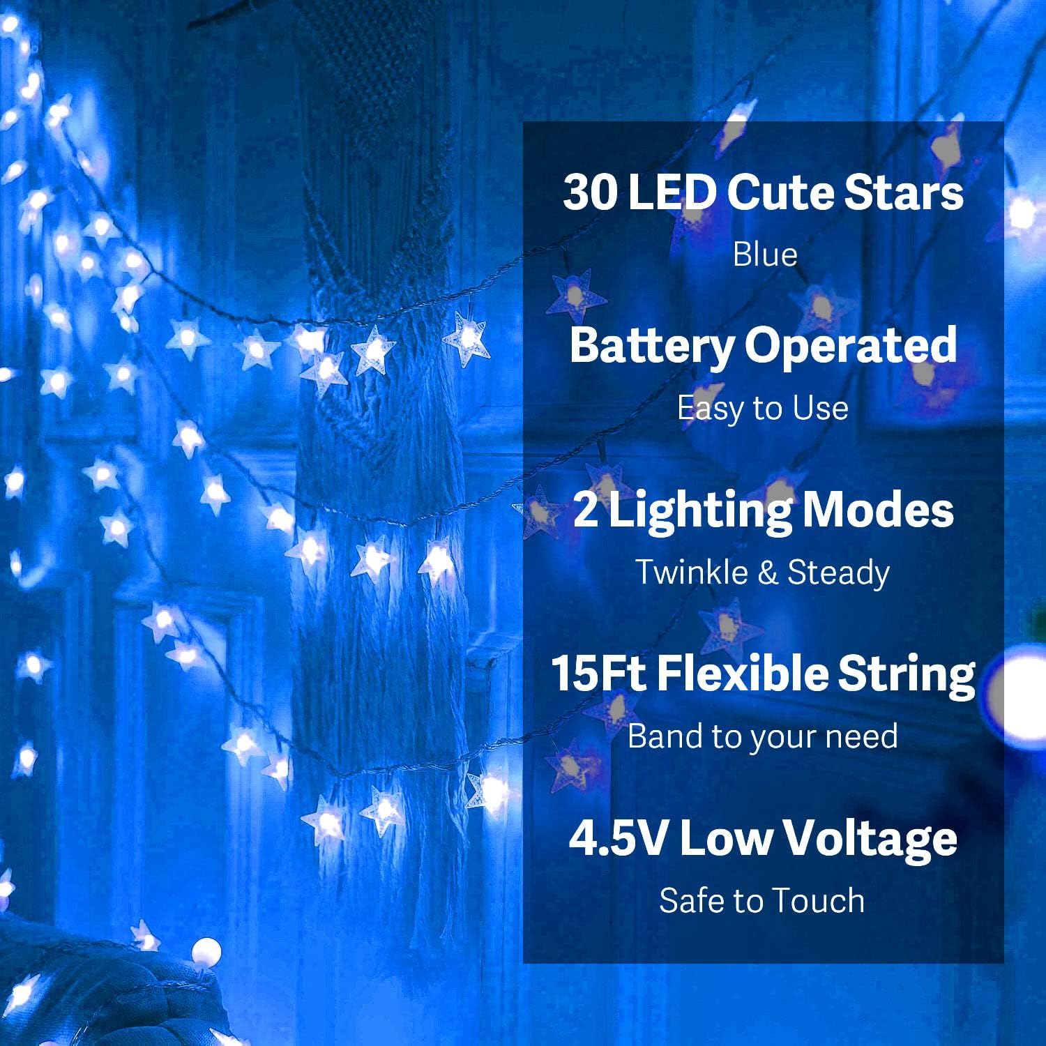 Guirnalda de luces de estrella de 15 pies, 30 luces LED, funciona con pilas, para interiores y exteriores, luces de Navidad parpadeantes, decoración