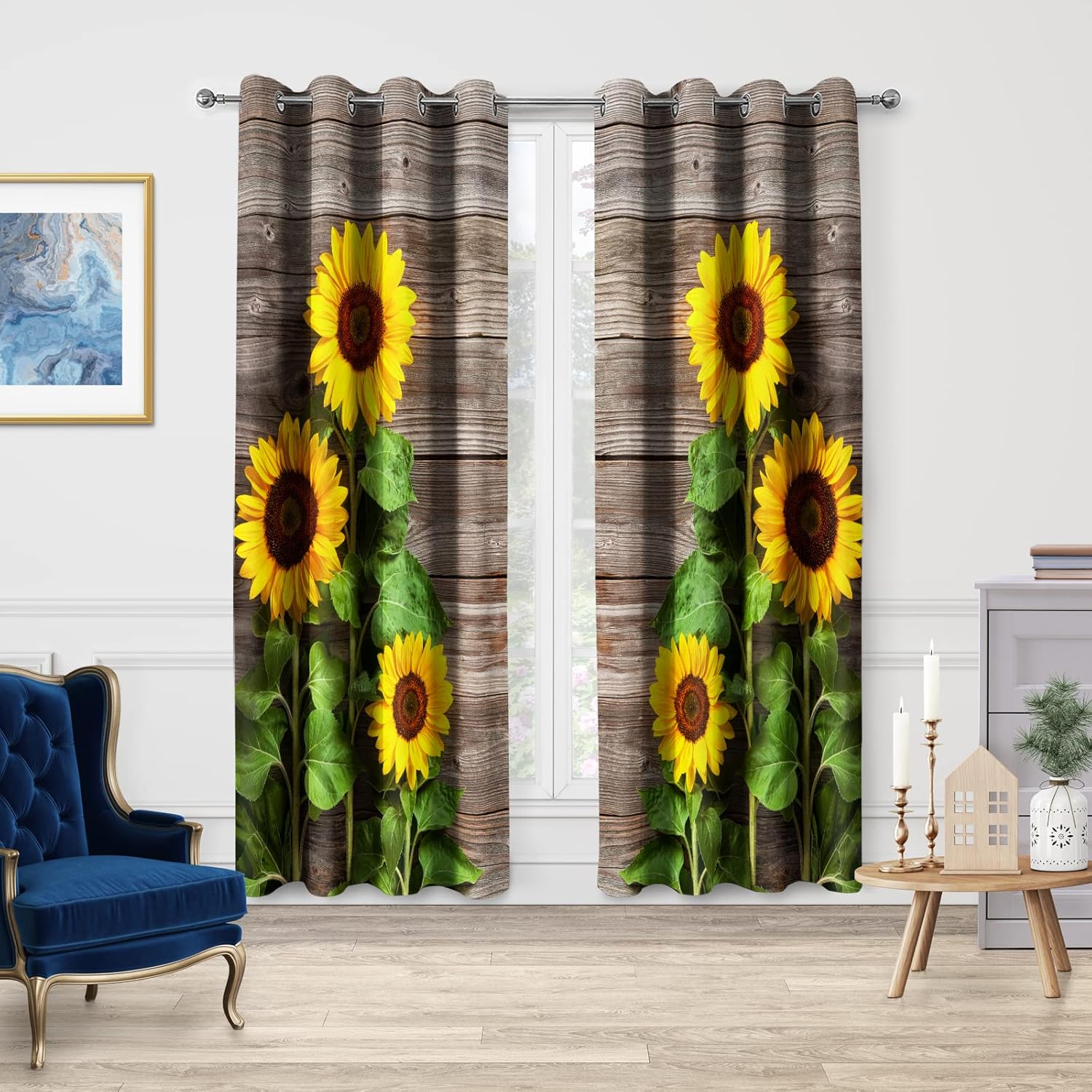 Jekeno Cortinas opacas de girasol, cortina de madera rústica floral de campo, decoración temática de madera de granero para dormitorio, sala de