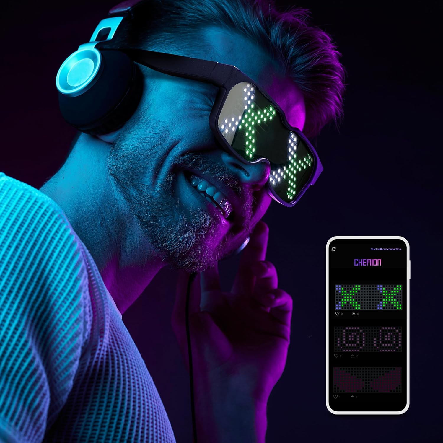 CHEMION Gafas LED para adultos, gafas LED Bluetooth personalizables, perfectas para Navidad, Halloween y fiestas de cumpleaños (color) (versión 2024)