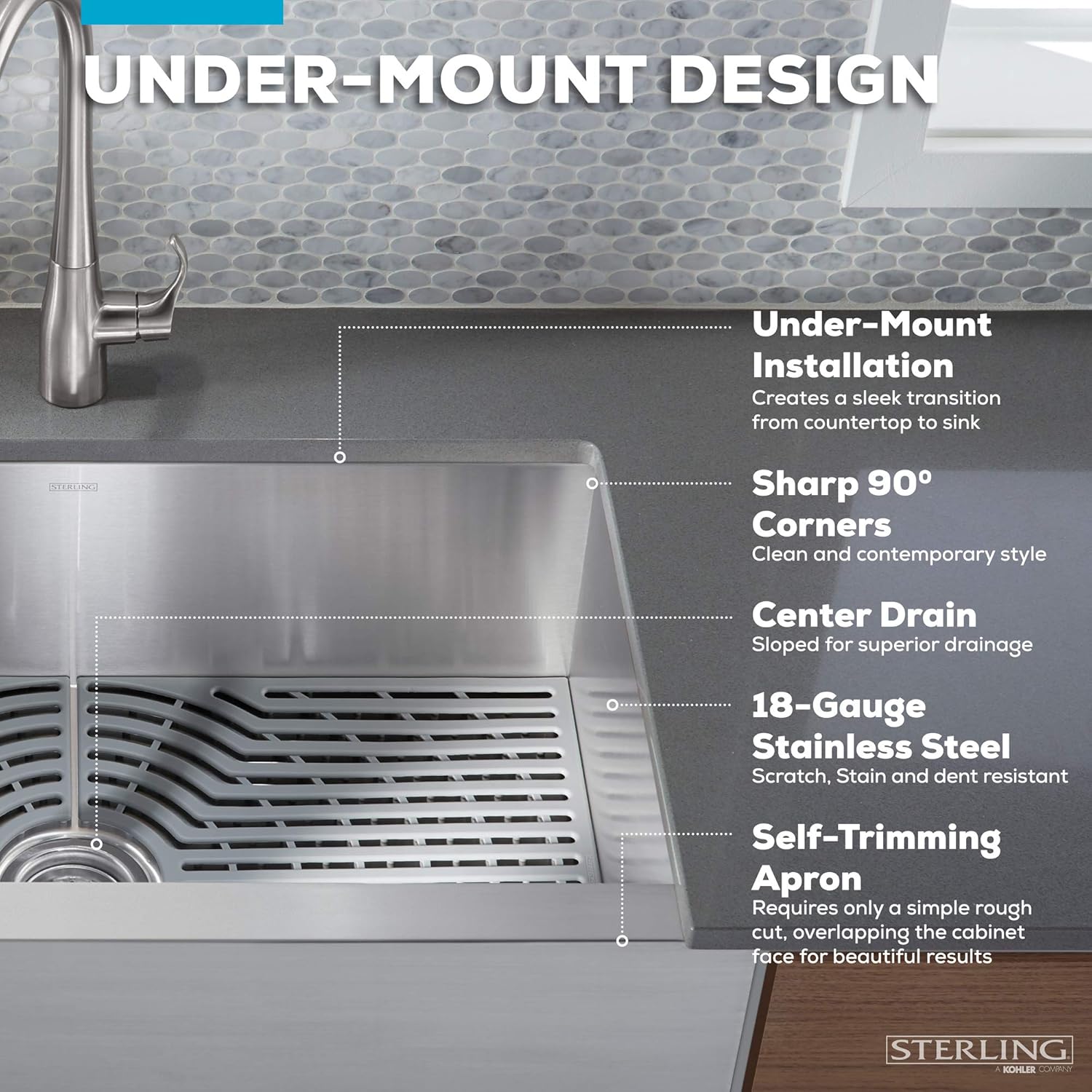 Kohler K-20243-PC-NA Sterling Ludington – Fregadero de cocina de 34 pulgadas con montaje inferior con accesorios, lavabo frontal de delantal, acero