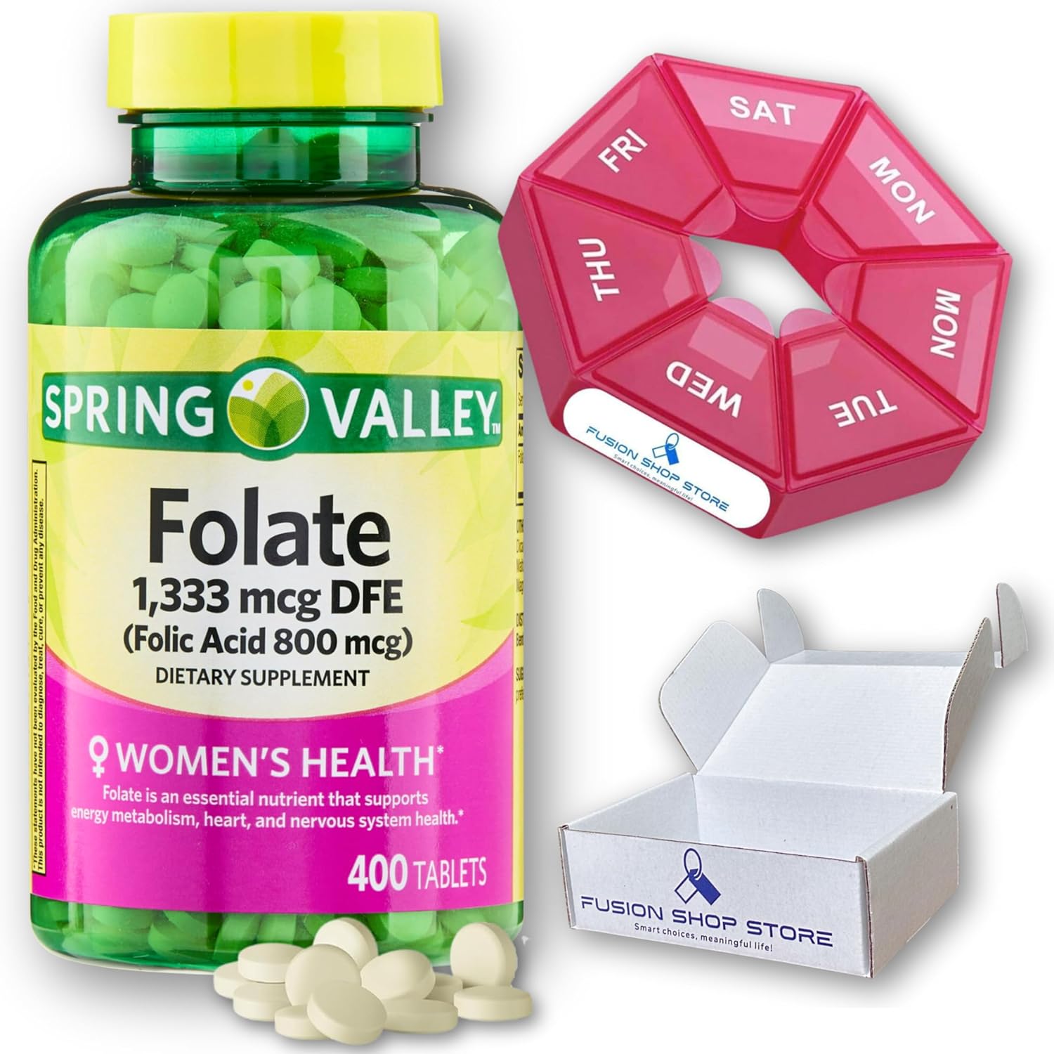 Spring Valley Vitaminas prenatales – ácido folato metilo 1,333 mcg prenatal, 400ct (1) Set con Fusion Shop Store Weeky Case (1)