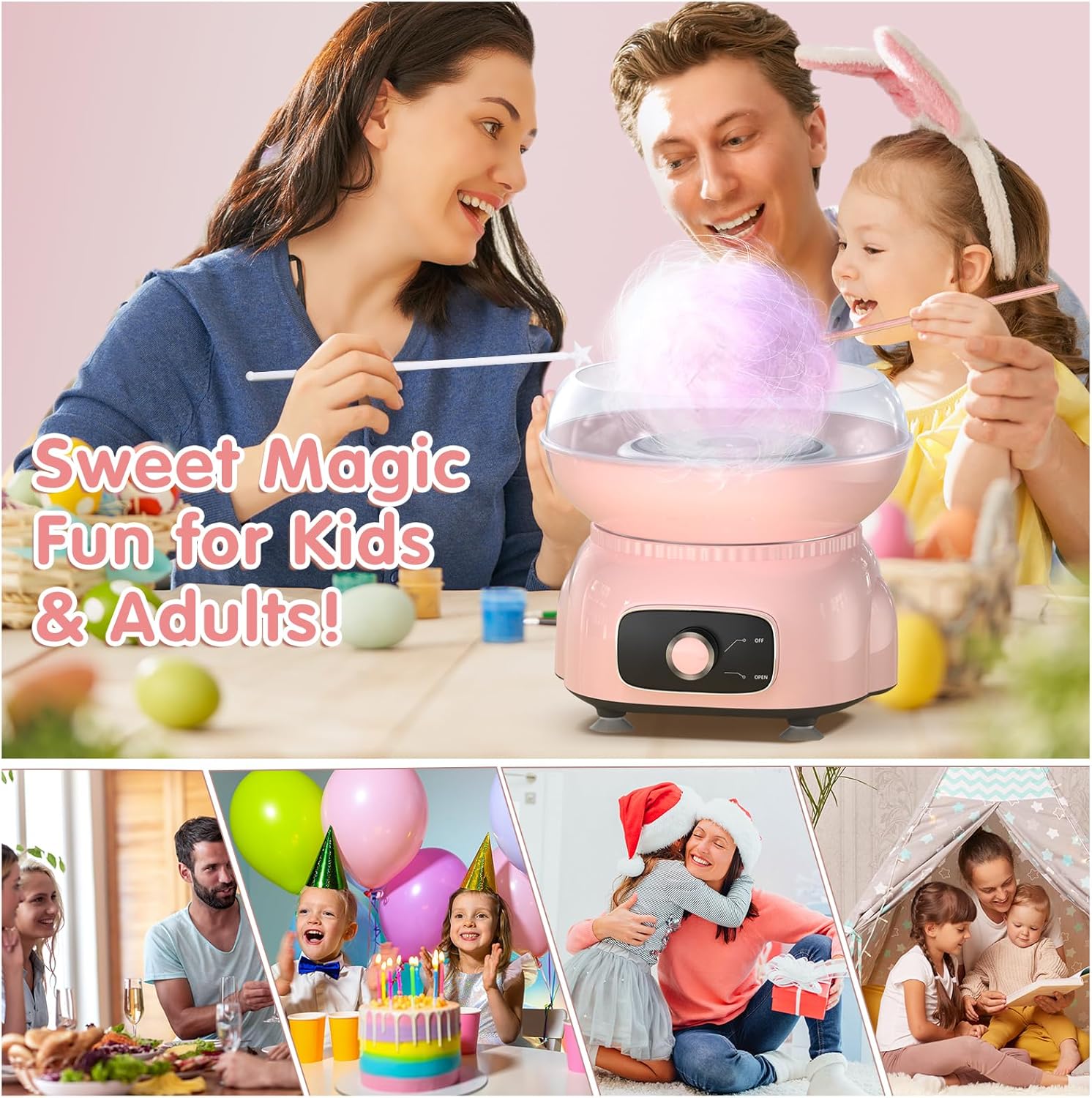 Candey Máquina de algodón de azúcar, fabricante de algodón de azúcar para niños, hace azúcar duro, hilo de azúcar, dulces caseros para fiestas de