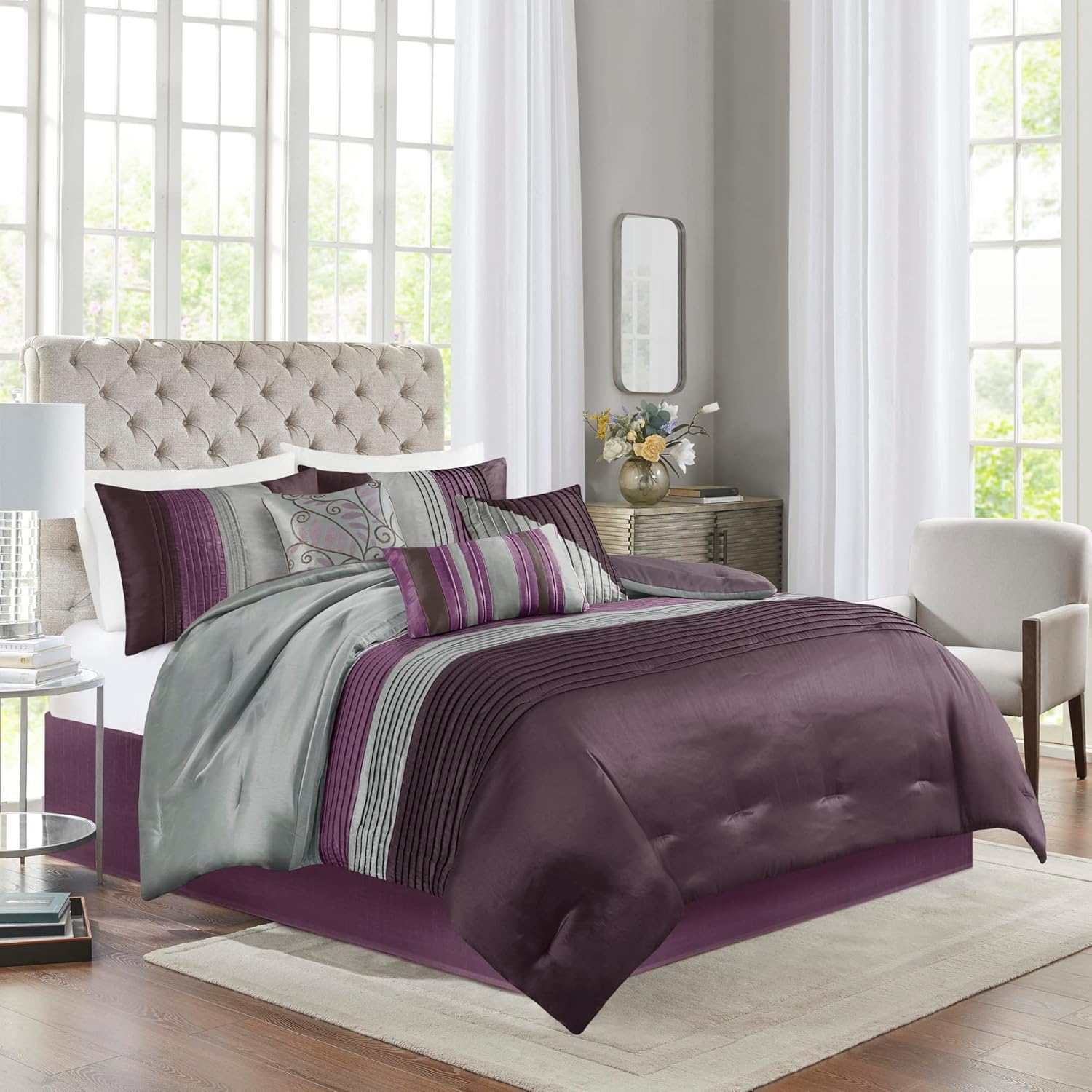 Madison Park – Juego de edredón Amherst, de seda sintética, diseño contemporáneo, fundas y faldón de cama, almohadas decorativas, tamaño Queen (90 x