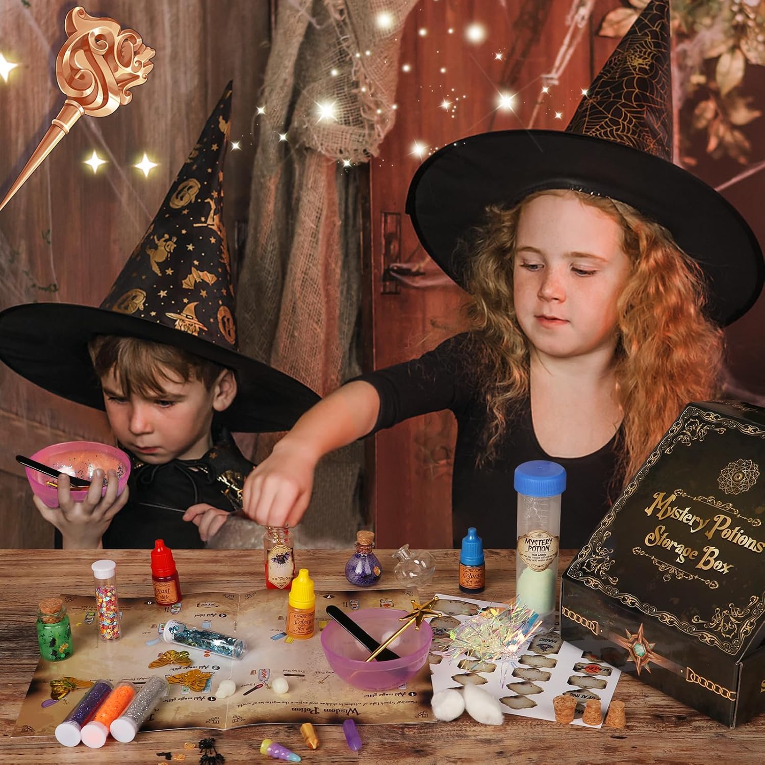 Alritz Kit de pociones misteriosas para niños, 20 botellas de poción de bruja de mezcla mágica, decoraciones para el día de la madre, mesa de