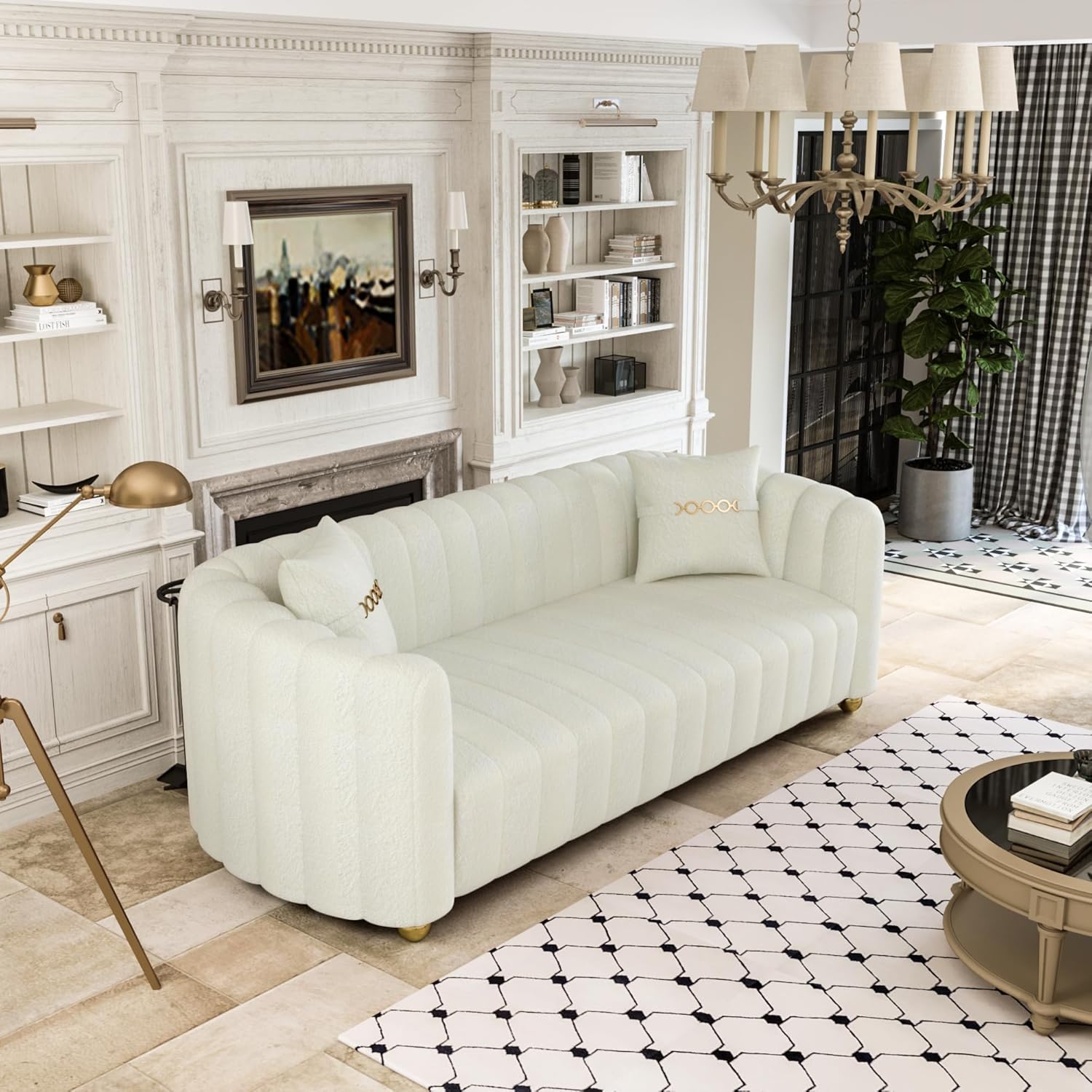 Chesterfield – Sofá tapizado de lana de cordero de 83 pulgadas, moderno de mediados de siglo, sofá tapizado para 3 personas con 2 almohadas, patas