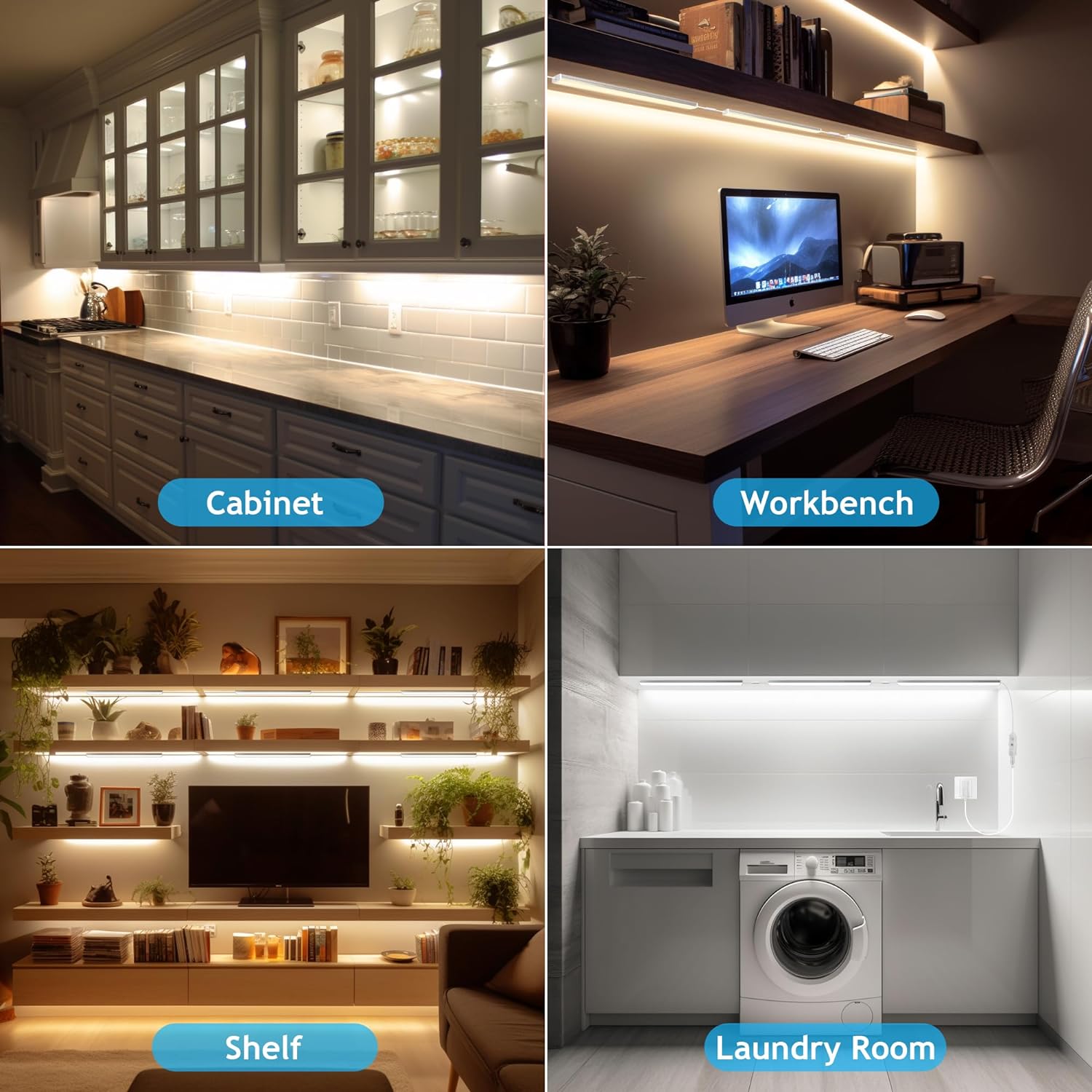 maylit Luces para debajo del gabinete enchufables, 3 piezas de 12 pulgadas multicolor debajo del gabinete, luces superbrillantes para debajo del