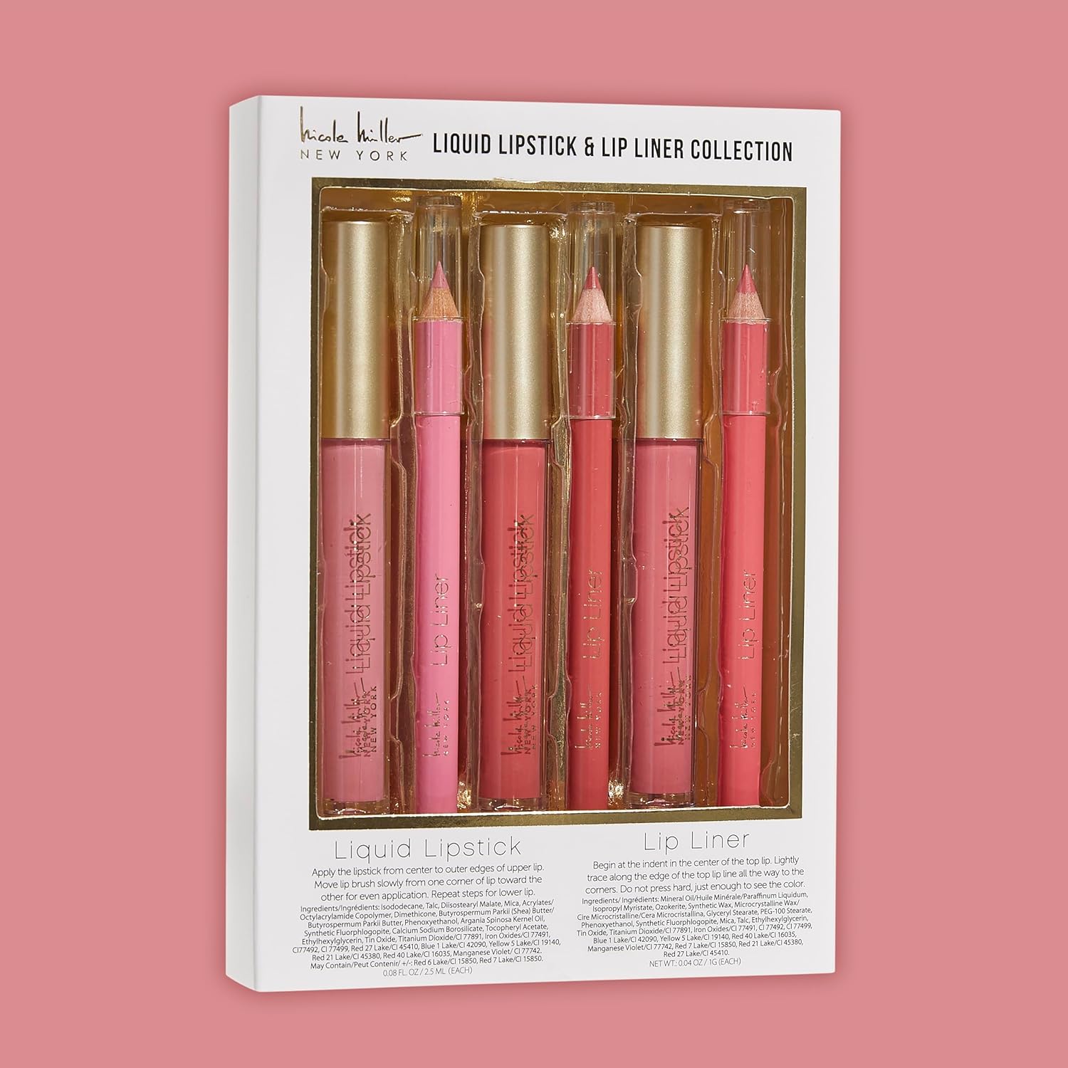 Nicole Miller Colección Liquid Lipstick & Liner  Juego de 8 piezas  4 lápices labiales líquidos y 4 delineadores de labios en varios tonos para