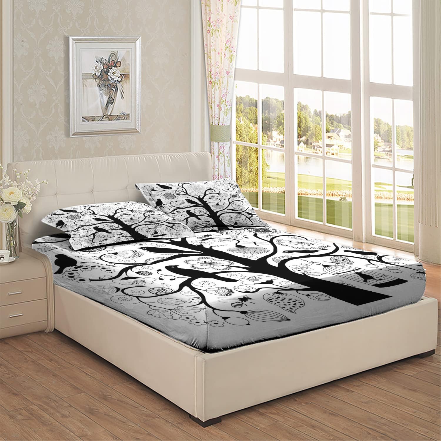 Sábana bajera con temática en blanco y negro, tamaño individualindividual XL, patrón de flores de árbol, pájaros, juego de decoración de ropa de