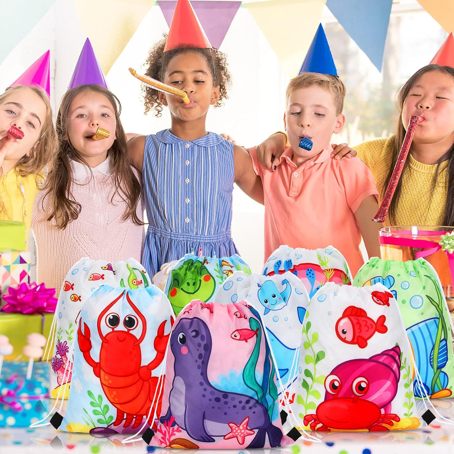 24 bolsas con cordón de animales marinos, mochila para regalo de fiesta de vida marina, bolsas de regalo para fiesta de océano, bolsas de regalo