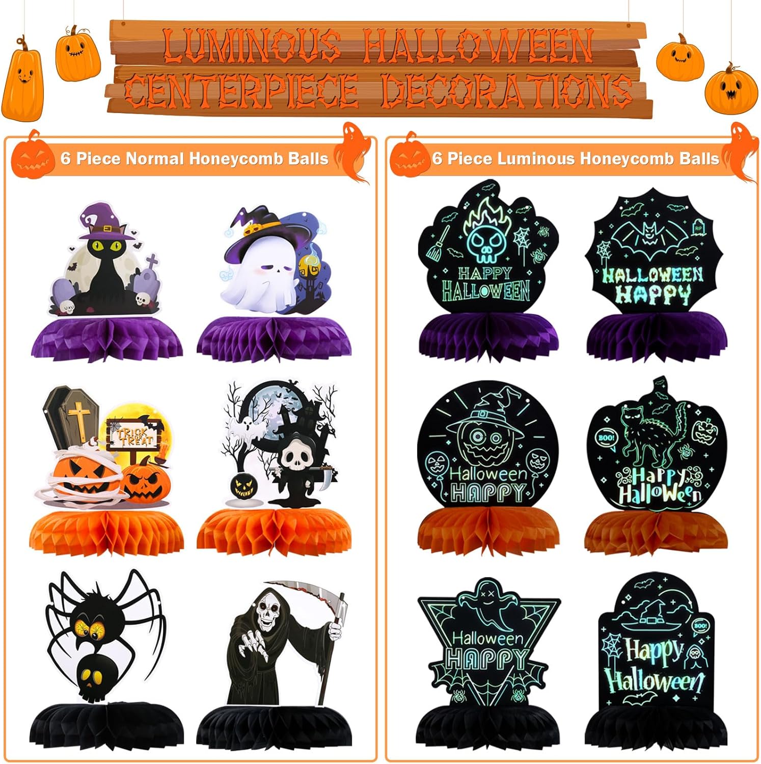 LIHAO Centros de mesa luminosos de panal de abeja de Halloween, 12 piezas para fiestas, decoraciones de Halloween, fantasma, calabaza, calavera,