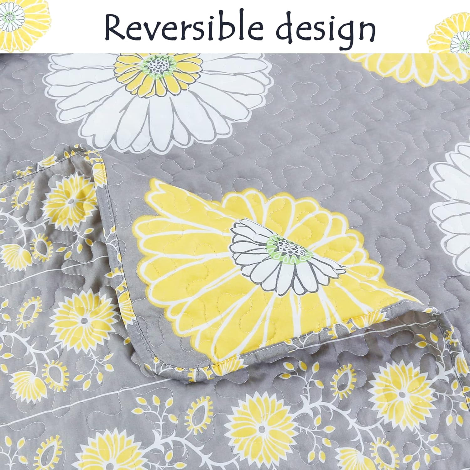 Cozy Line Home Fashions Juego de ropa de cama reversible reversible con diseño floral de margaritas, blanco, gris, amarillo, blanco, gris, colcha