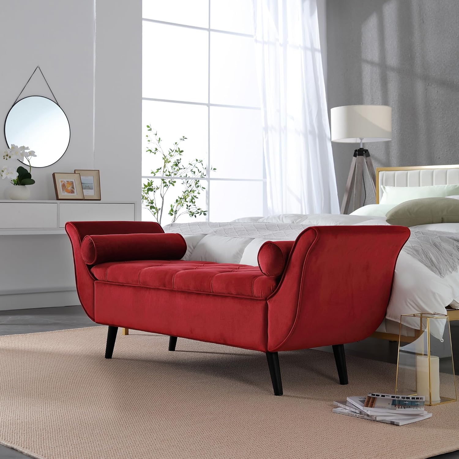 Banco de almacenamiento de terciopelo para dormitorio, color rojo, tapizado con botones, otomano, reposapiés, brazo enrollado, patas de madera maciza