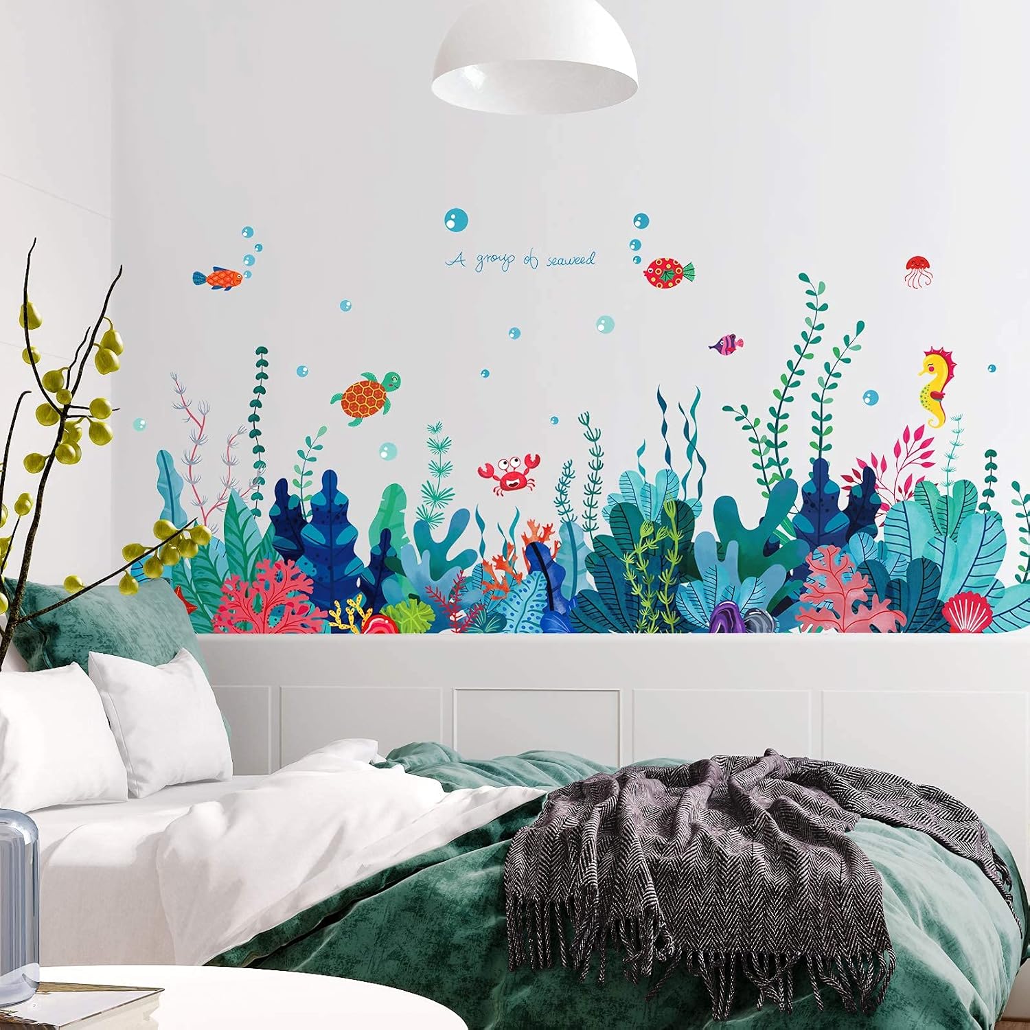 RW – 6794 – Adhesivo de pared extraíble 3D bajo el mar con vista al mar, calcomanías de pared de algas marinas coral océano, murales para despegar y