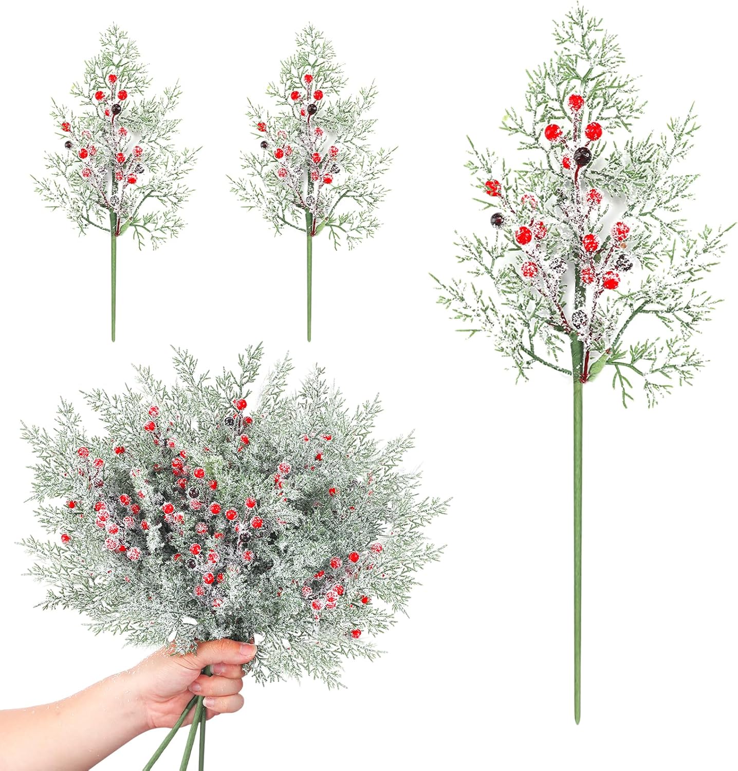 Yinder 24 piezas de bayas rojas de Navidad de 17 pulgadas nevadas artificiales esmeriladas bayas rojas de acebo picas de cedro, tallos de pino,