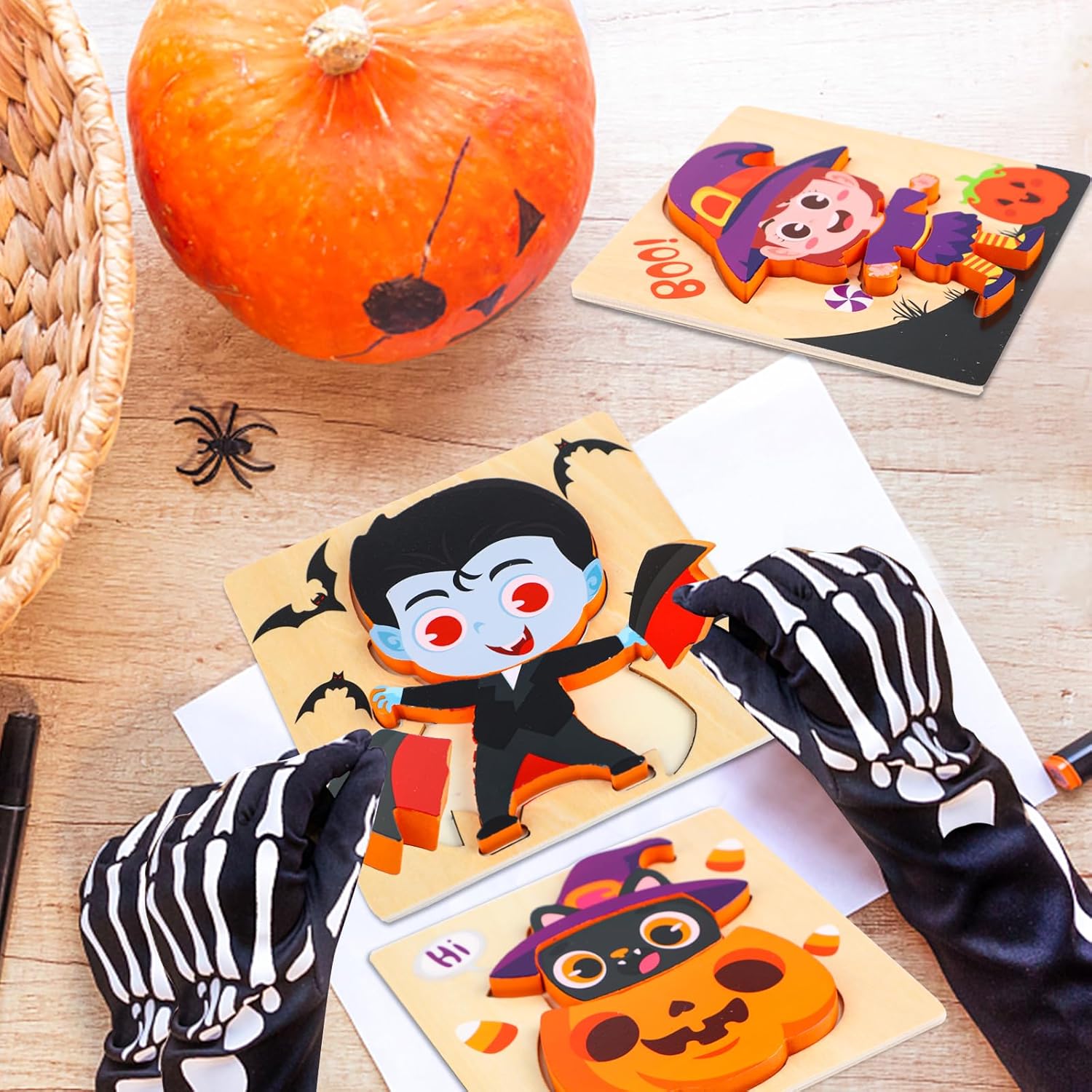 Rompecabezas de madera de Halloween para niños pequeños, paquete de 4 rompecabezas de madera de bruja fantasma calabaza para niños, relleno de
