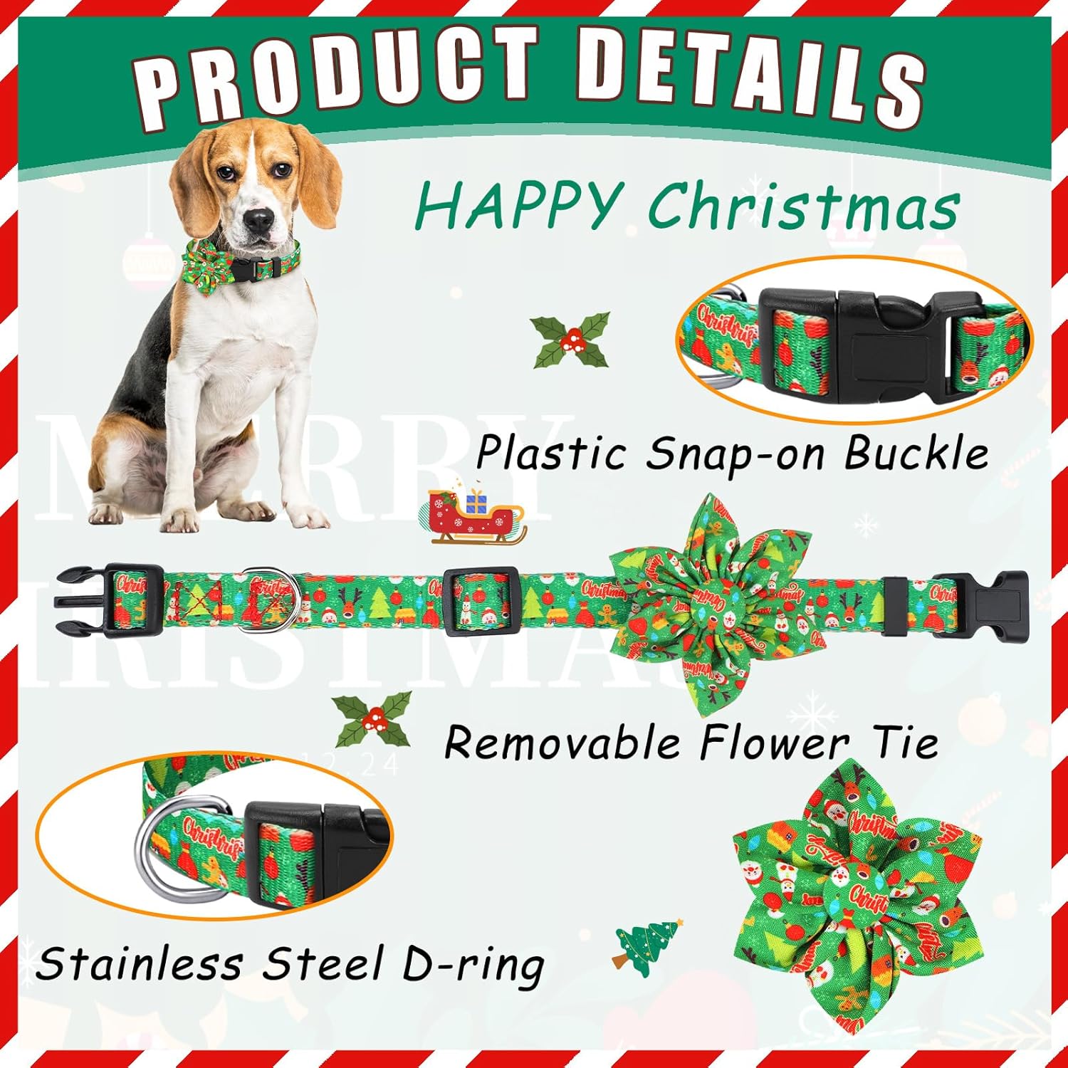 6 collares de Navidad para perro con flor, collar de Navidad para perro con hebilla de plástico floral extraíble, collares de Navidad ajustables