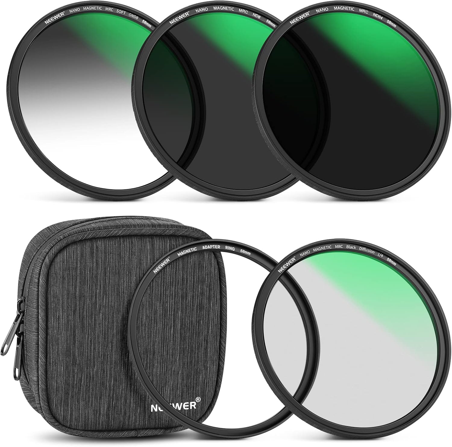 NEEWER Juego de filtros magnéticos de lente ND 5 en 1 de 2.283 in, filtro de difusión negra 14, anillo adaptador magnético GND8, ND8, ND64, vidrio