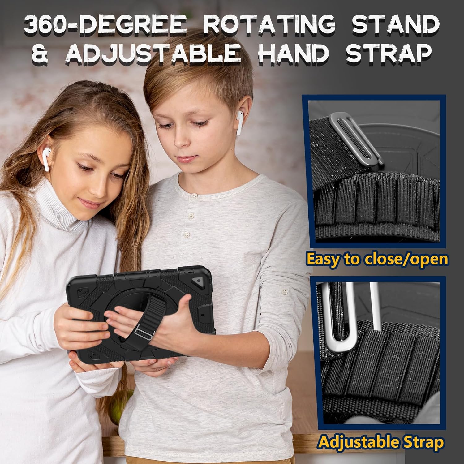 SEYMAC Funda para iPad de 987 generación, funda de cuerpo completo a prueba de golpes con protector de pantalla, correa de mano giratoria de 360 y