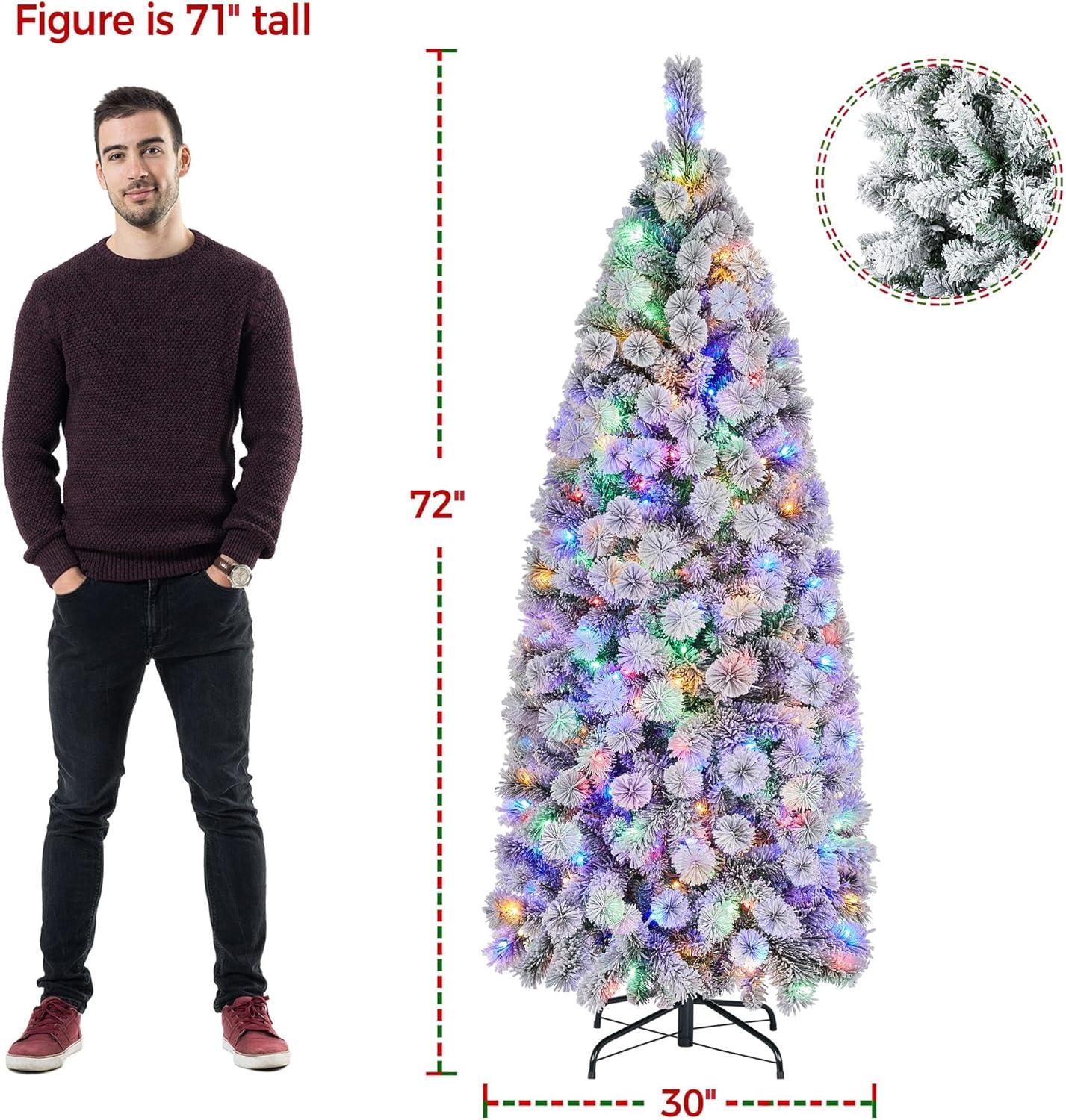 Yaheetech Árbol de Navidad flocado de nieve preiluminado de 6 pies, pino artificial con bisagras de alta calidad con 250 luces LED coloridas y 564