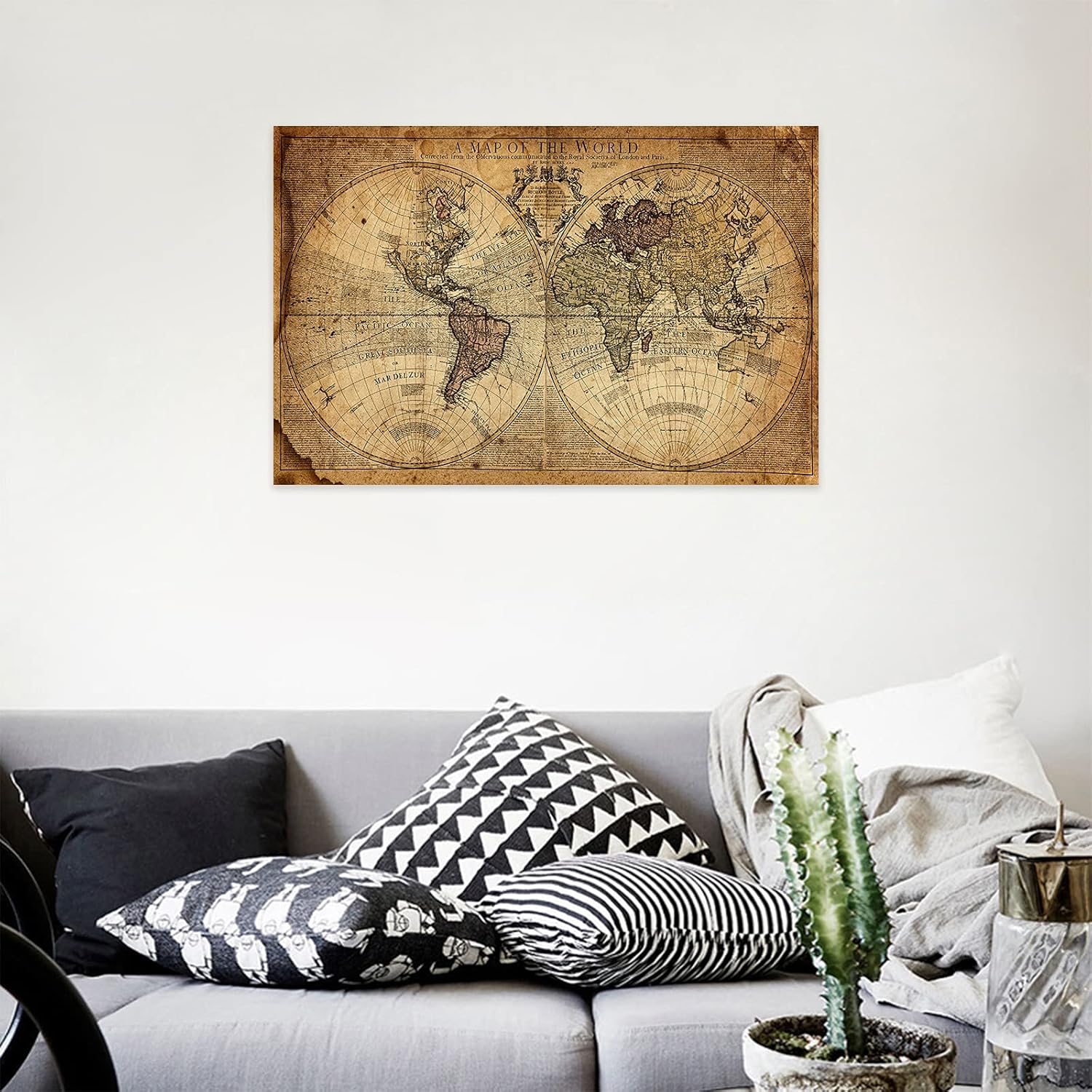 Lienzo decorativo para pared, diseño de mapa del mundo vintage, imágenes de fondo de mapa náutico beige sobre lienzo para decoración de pared de