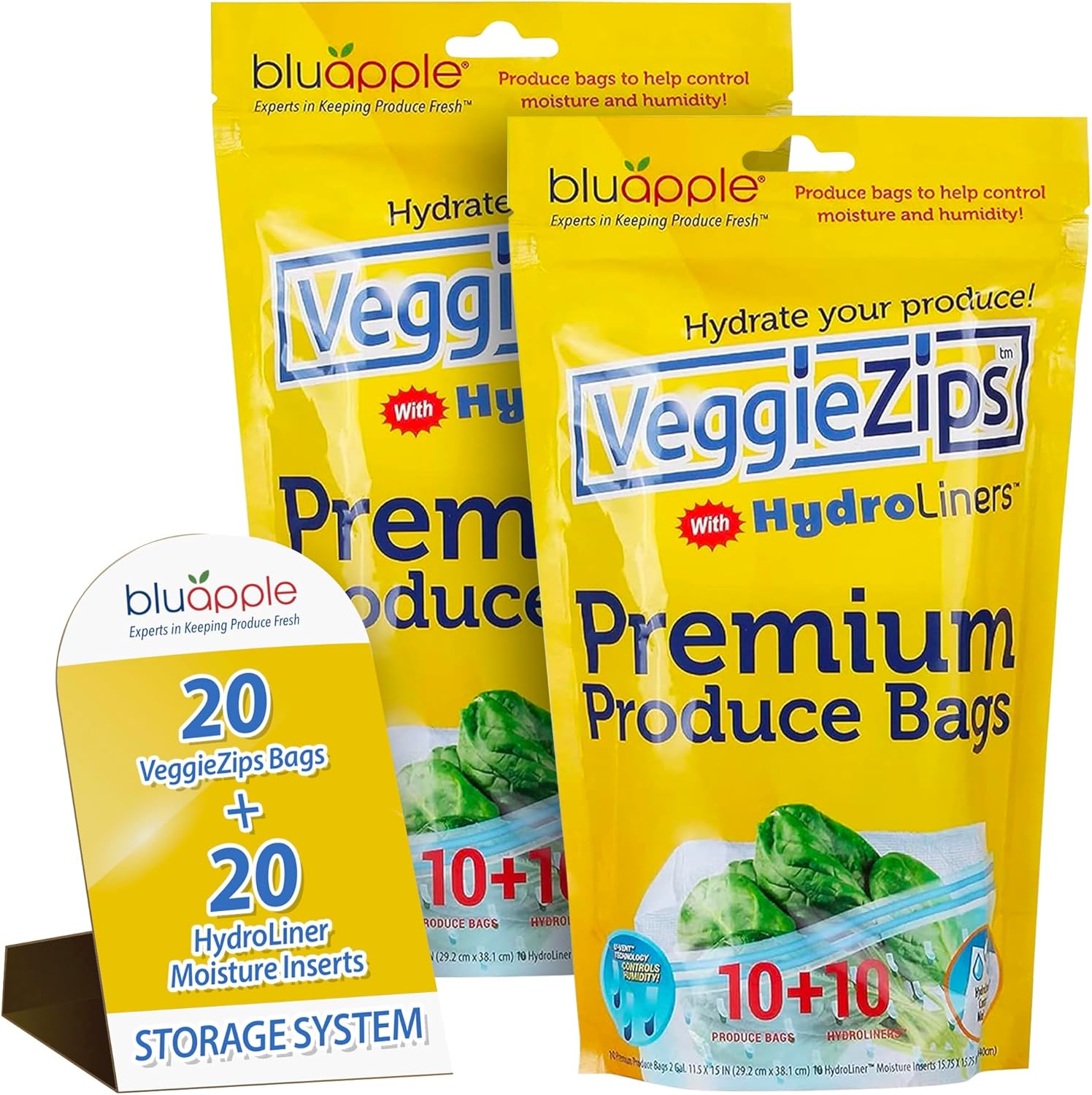 Bluapple VeggieZips Sistema de almacenamiento de productos de alta calidad, juego de 40 piezas, 20 bolsas ahorradoras de alimentos + 20 HydroLiners,