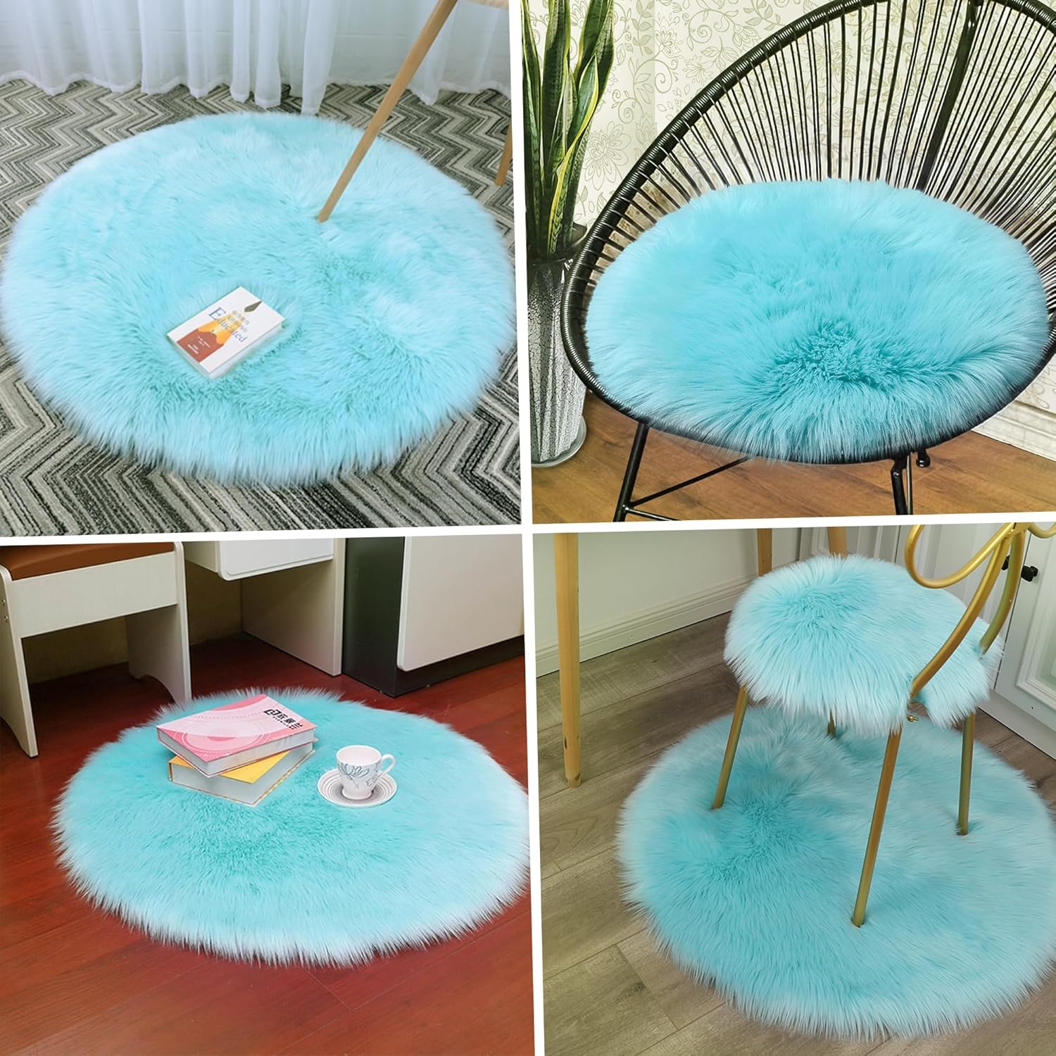 Eanpet Alfombra de piel sintética de oveja para silla con broche a presión, redonda de 18 x 18 pulgadas, funda de asiento esponjosa para silla,