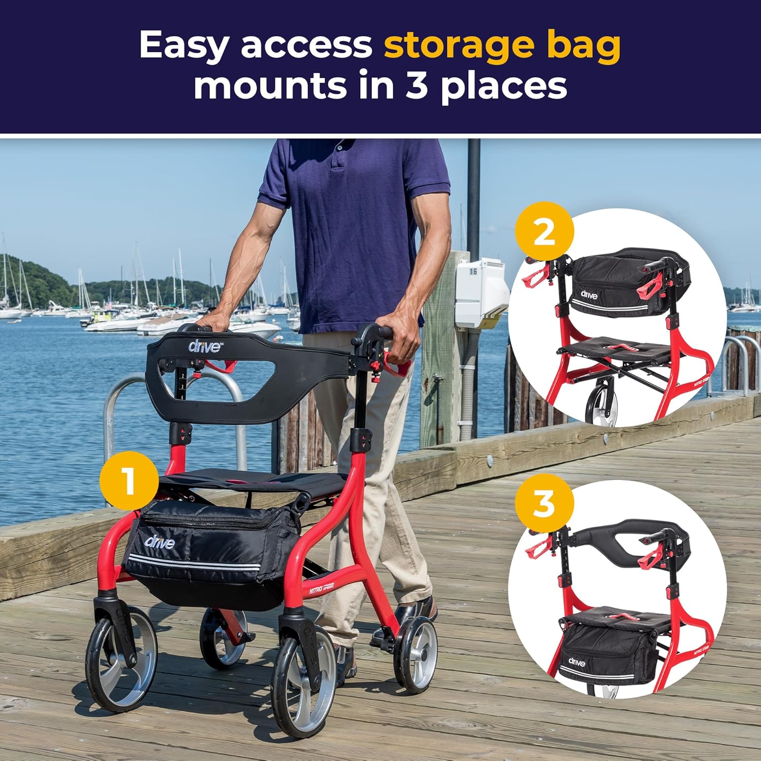 Drive Medical Nitro Sprint – Andador plegable con asiento, ligero, para estatura estándar, con ruedas grandes, plegable, color rojo