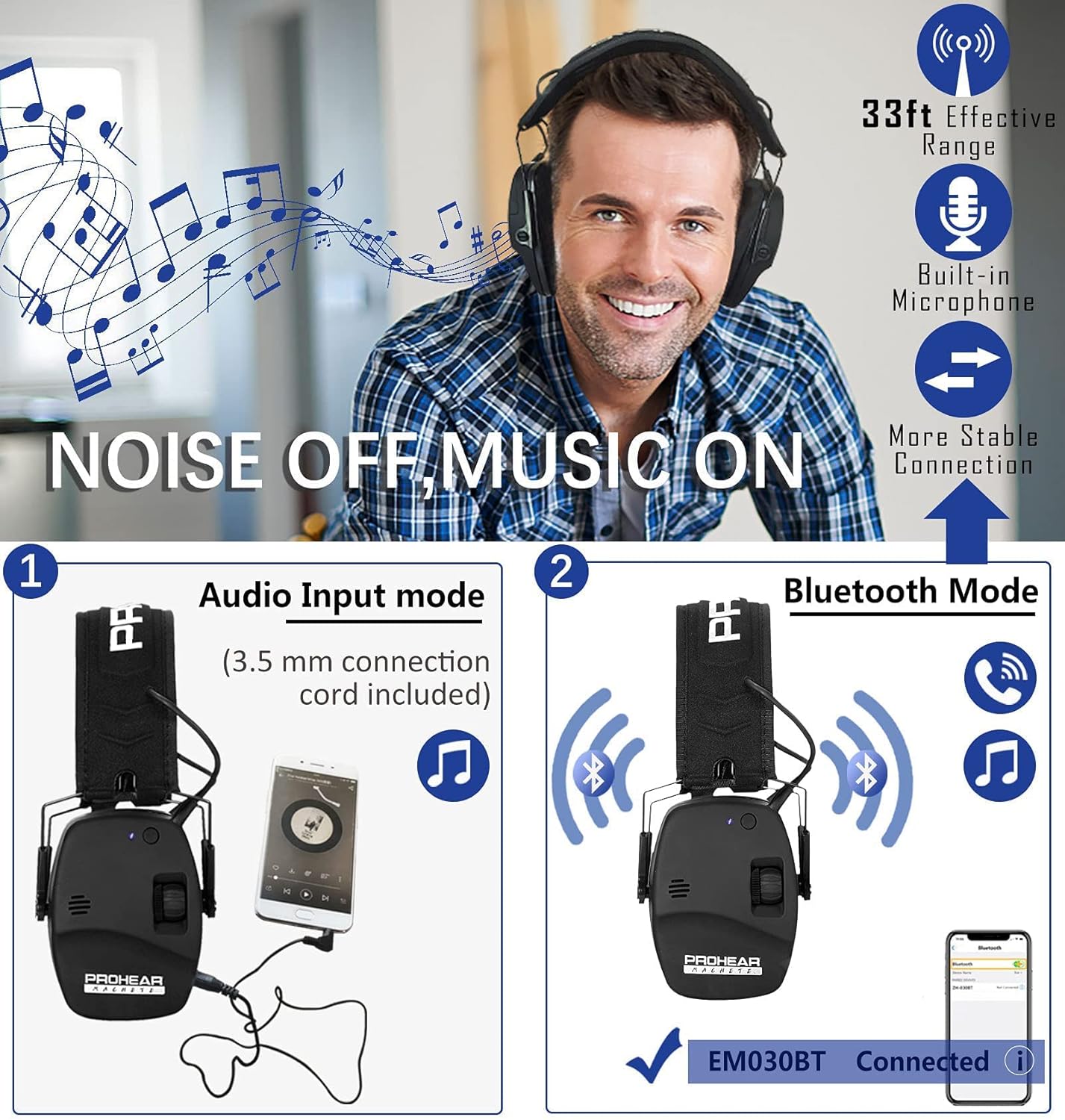 PROHEAR 030 Paquete de 2 orejeras electrónicas con Bluetooth 5.0 para disparo para los oídos, color negro
