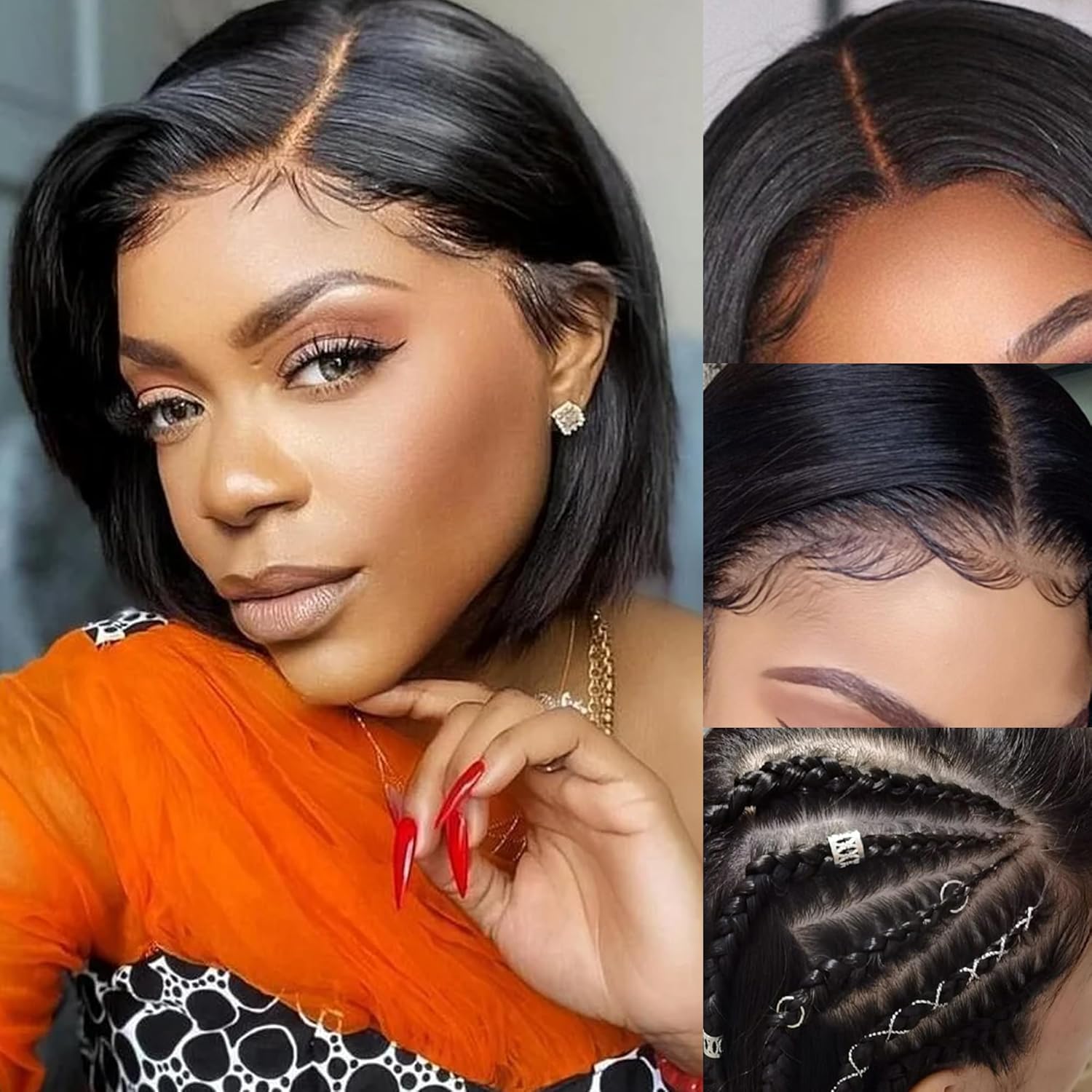 Pelucas de cabello humano lacio de seda de 13 x 4 pulgadas, con encaje frontal de 13 x 4 pulgadas, cabello prearrancado con abuelitos, línea capilar