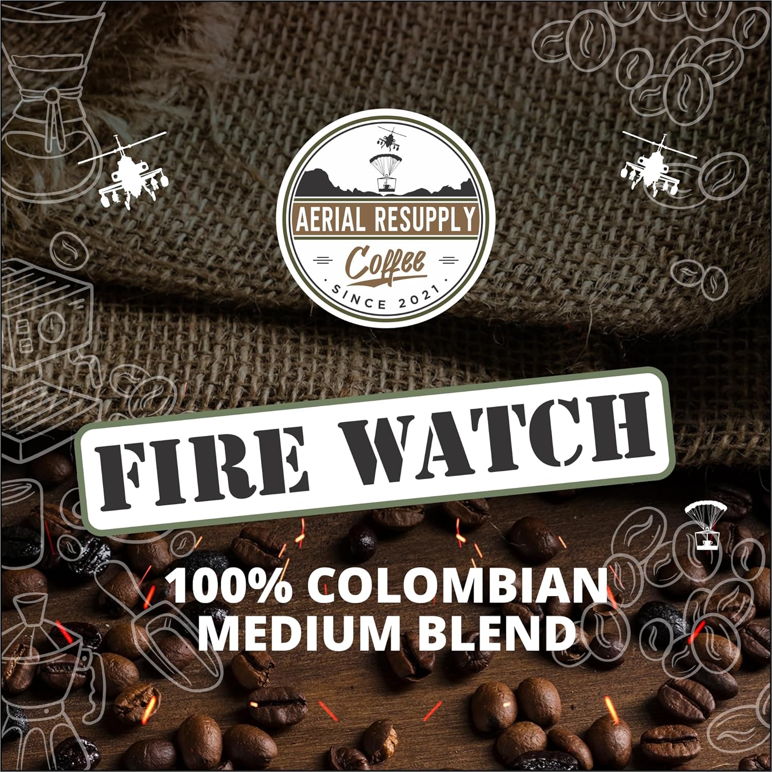 Aerial Resupply Coffee Fire Watch – Café molido tostado medio, granos de café tostado medio, Fire Watch Pure Colombian elaborado para un sabor
