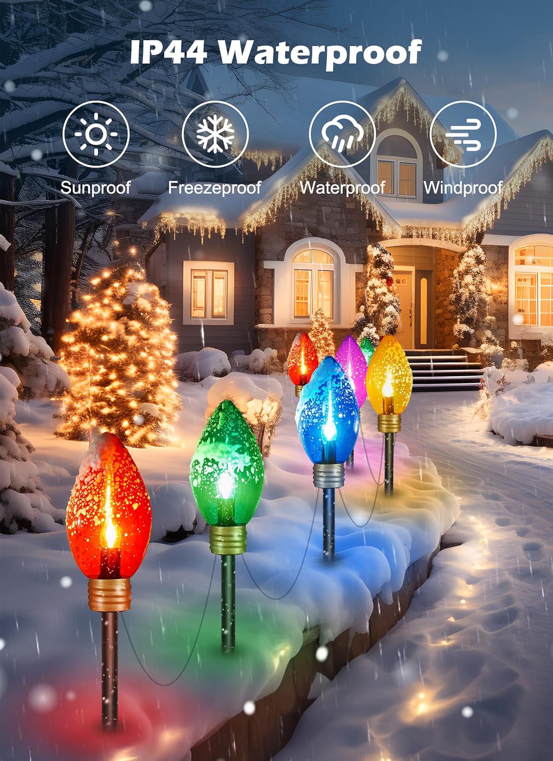 Paquete de 2 tiras de luces de Navidad súper jumbo o luces de marcador de camino, decoraciones de Navidad al aire libre, 11 pies, 5 luces LED Jumbo