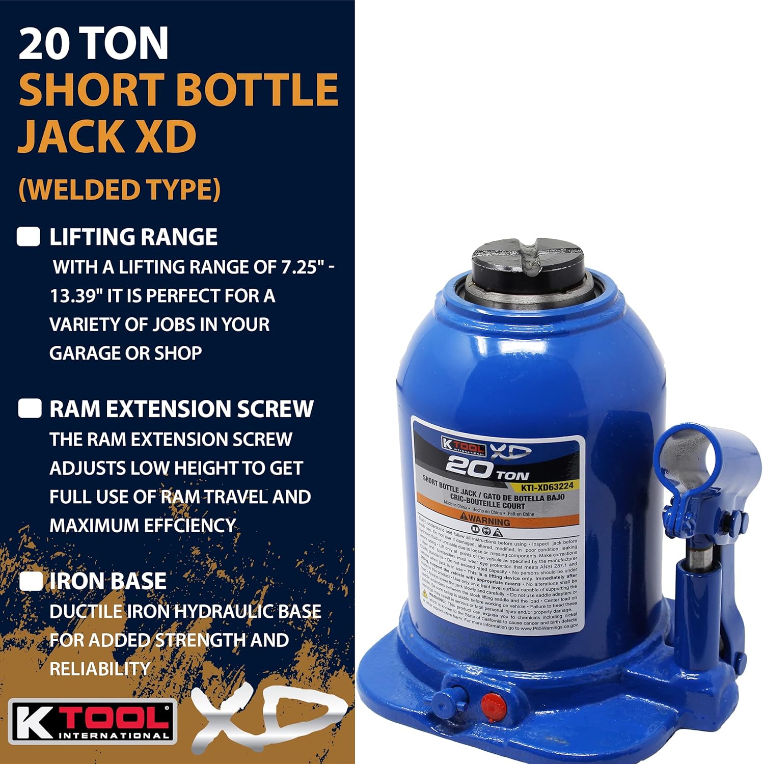K Tool International XD63224 Gato hidráulico corto de 20 toneladas para garajes, talleres de reparación y bricolaje, capacidad de 44,000 libras,